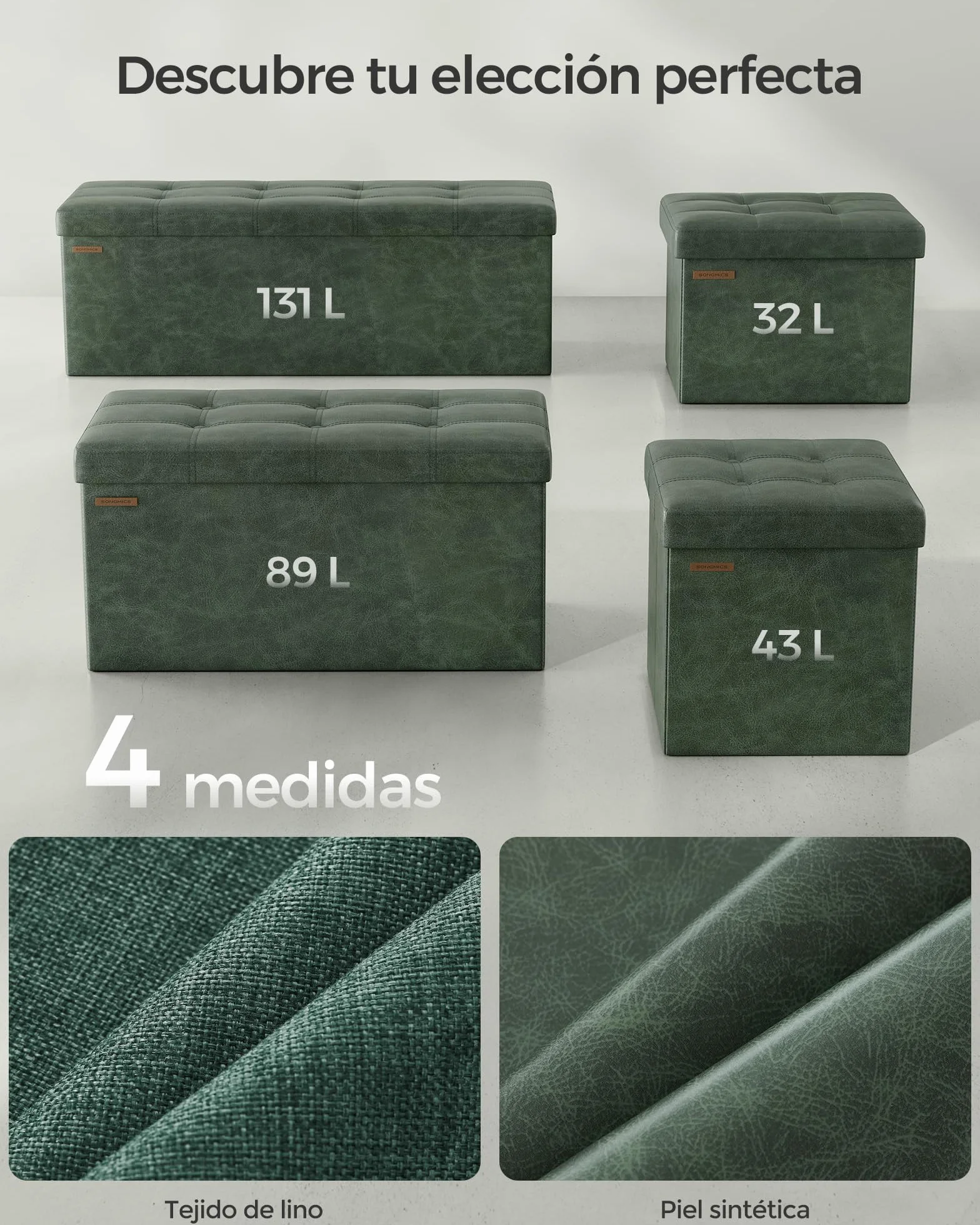 SONGMICS Baúl de Almacenaje Plegable 38x76x38 cm Taburete Reposapiés hasta 300 kg Verde Bosque