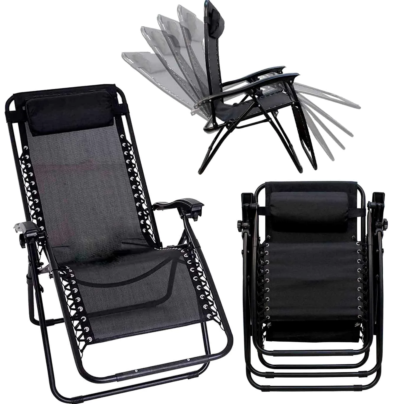 AC - Tumbona Plegable para Playa, Jardín | Silla para Terraza - Reclinable y Regulable. Color Negro. 90 x 66 x 108 cm.