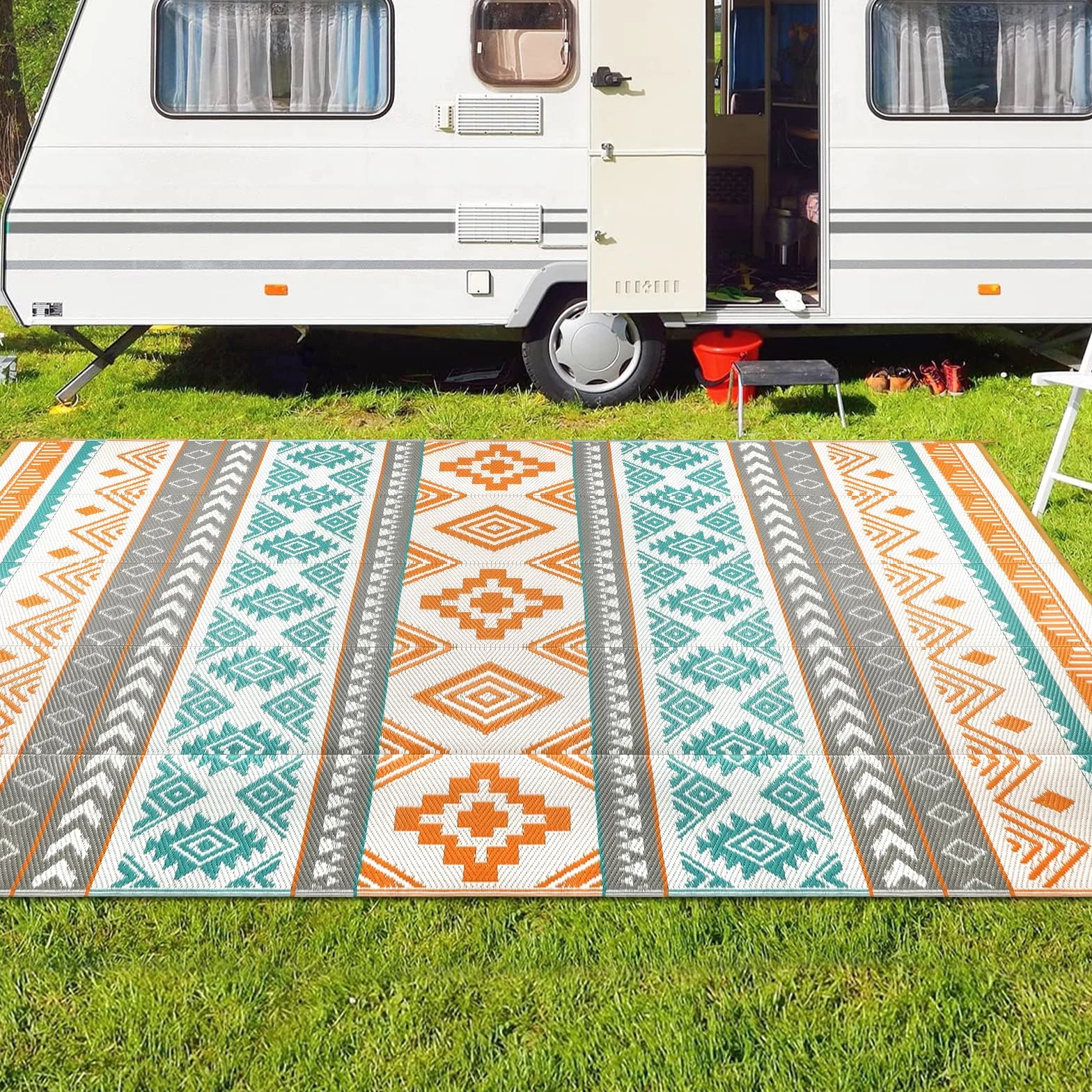 Famibay Alfombra Exterior 180x270cm Impermeable Reversible Plástico Resistente UV Gris Amarillo