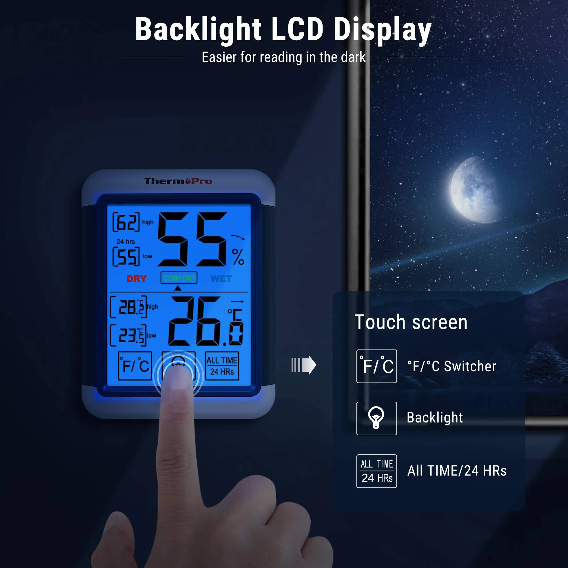 ThermoPro TP55 Termómetro Higrómetro de Interior Digital con Pantalla Táctil y Retroiluminación
