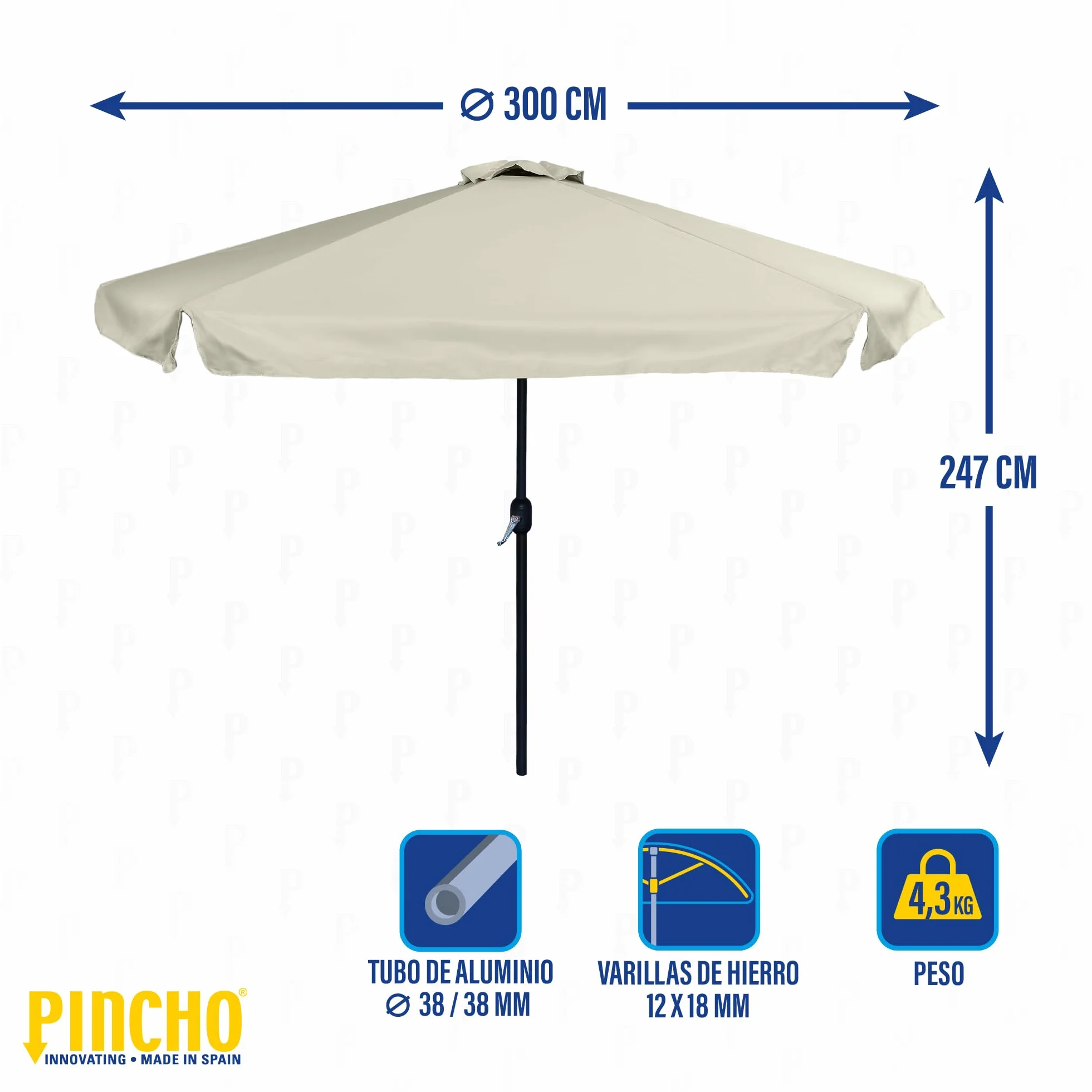 Sombrilla Terraza Exterior 300cm Aluminio Poliéster 170gr/m2 UV50+