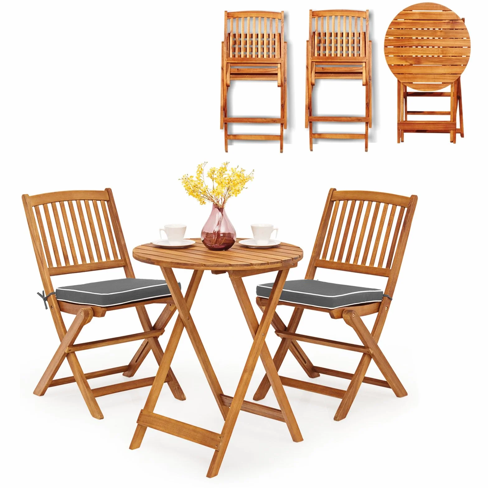 KOMFOTTEU Juego Mesa y 2 Sillas Plegables de Madera de Acacia para Exterior, Set con Cojines Gris