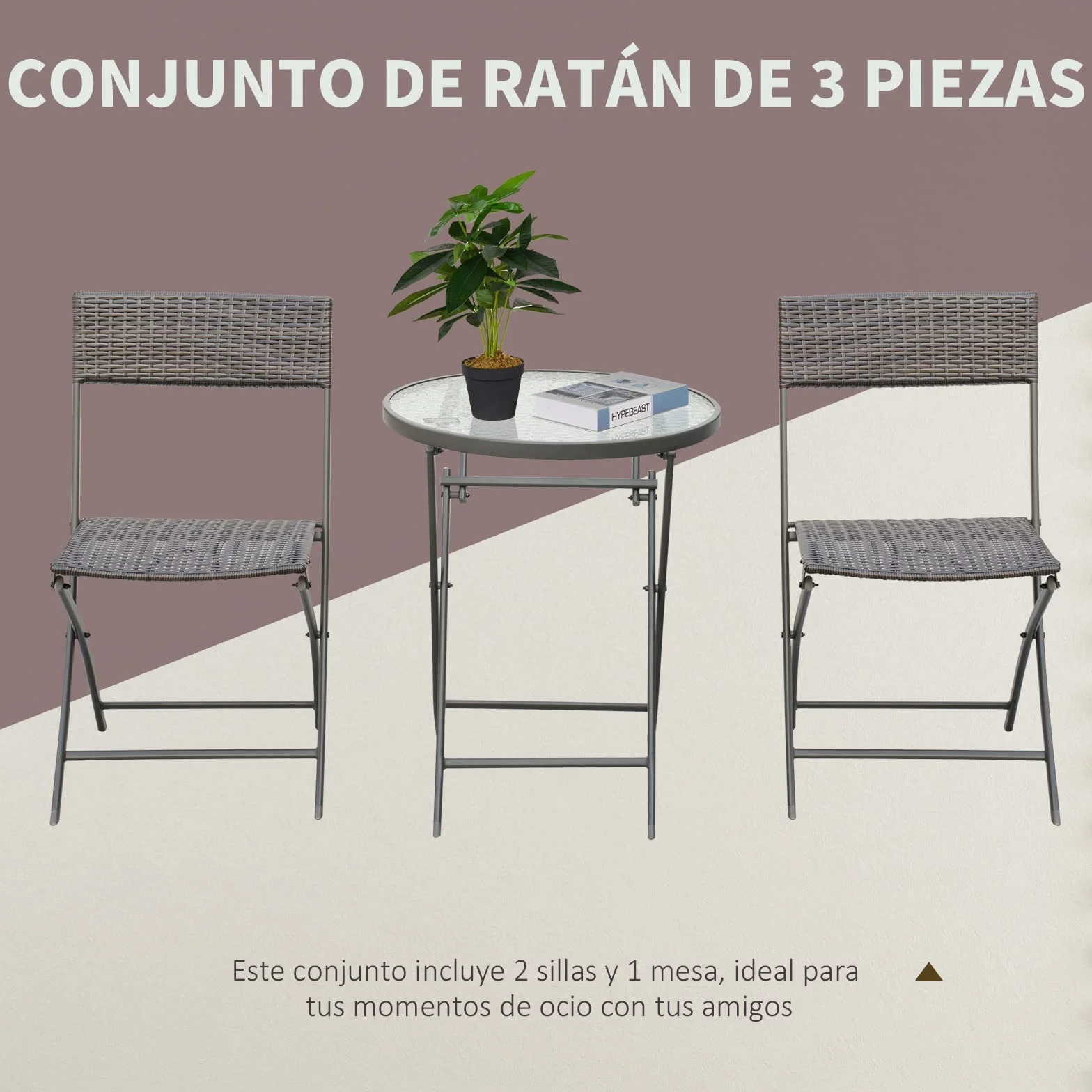 Outsunny Conjunto de Muebles de Jardín Mesa y 2 Sillas Ratán Sintético Plegables con Mesa de Vidrio Marrón