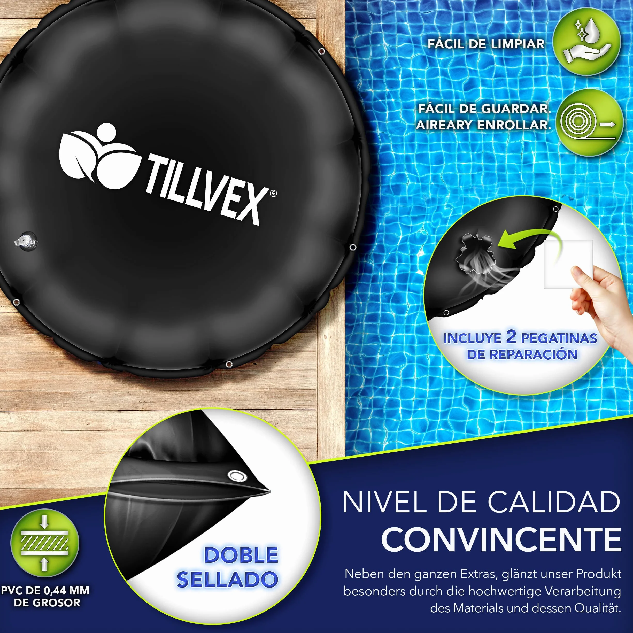 Tillvex Cojín de Piscina de Invierno XXL 500 cm Negro con Kit de Reparación, Válvula de Seguridad y Doble Costura
