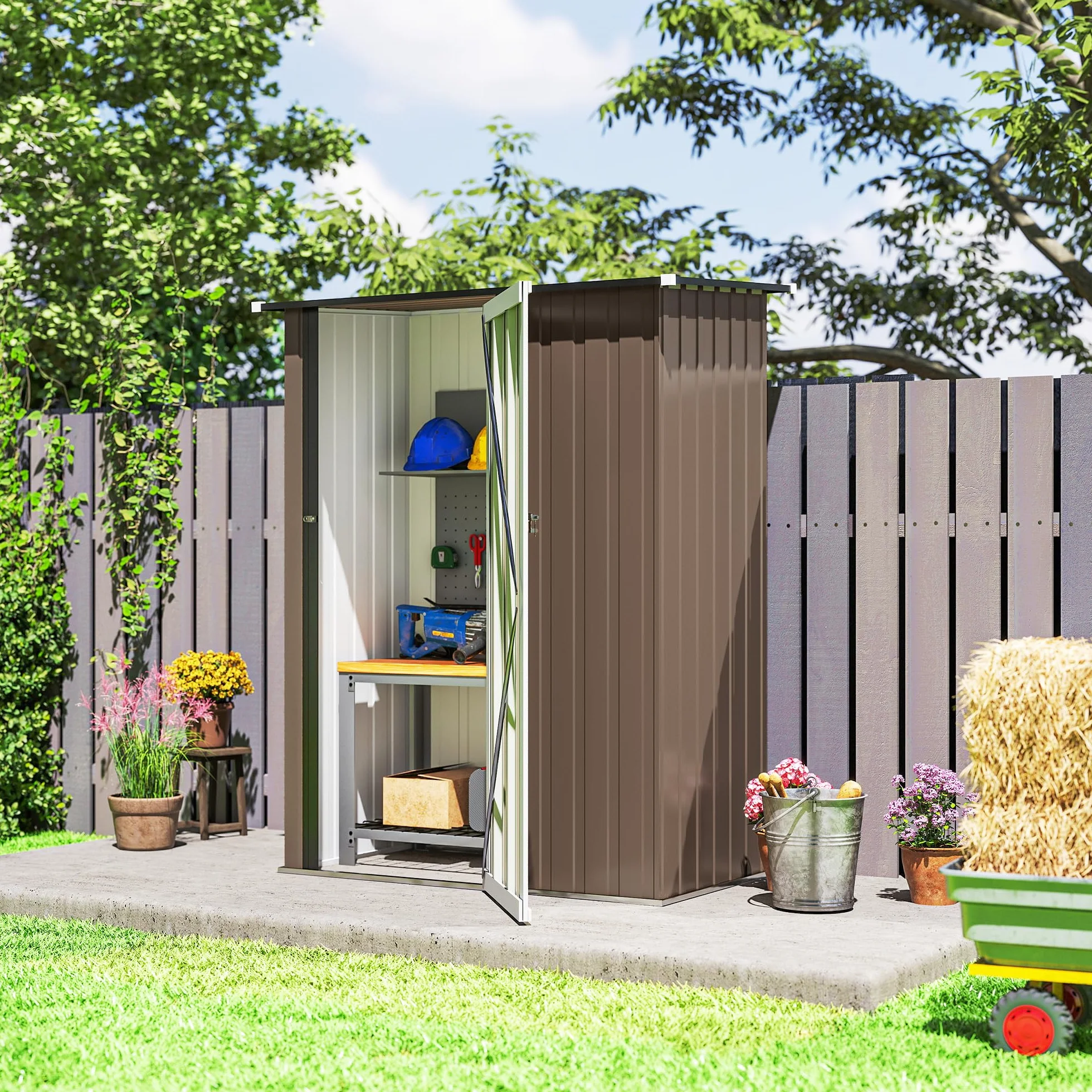 Outsunny Caseta de Jardín 1,07 m² 142x84x189 cm Cobertizo Exterior Metálico con Cerradura Marrón