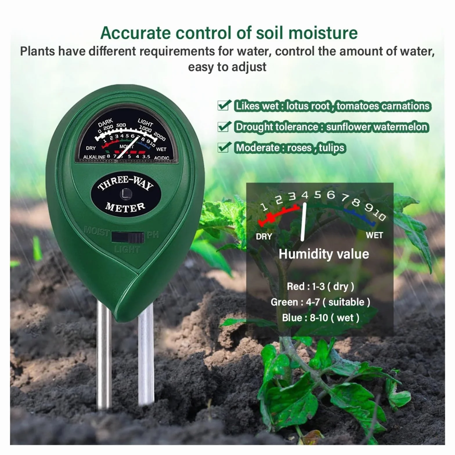 Medidor De Humedad Medidor De Ph Del Suelo Monitor De Humedad Solar Jardín Tierras De Cultivo Plantación Flor Acidez Probador Del Suelo(Green)