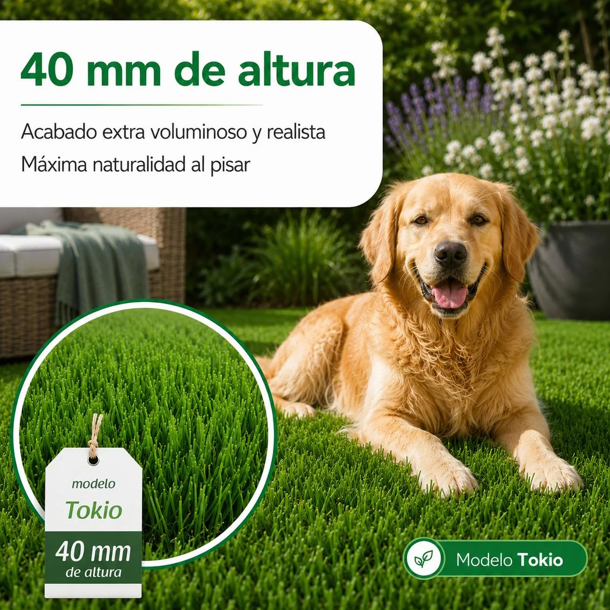 Césped Artificial TOKIO 40 mm 2x5 m Rollo Resistente UV Alta Densidad 18.900 Puntadas Drenaje 800 l/h/m²