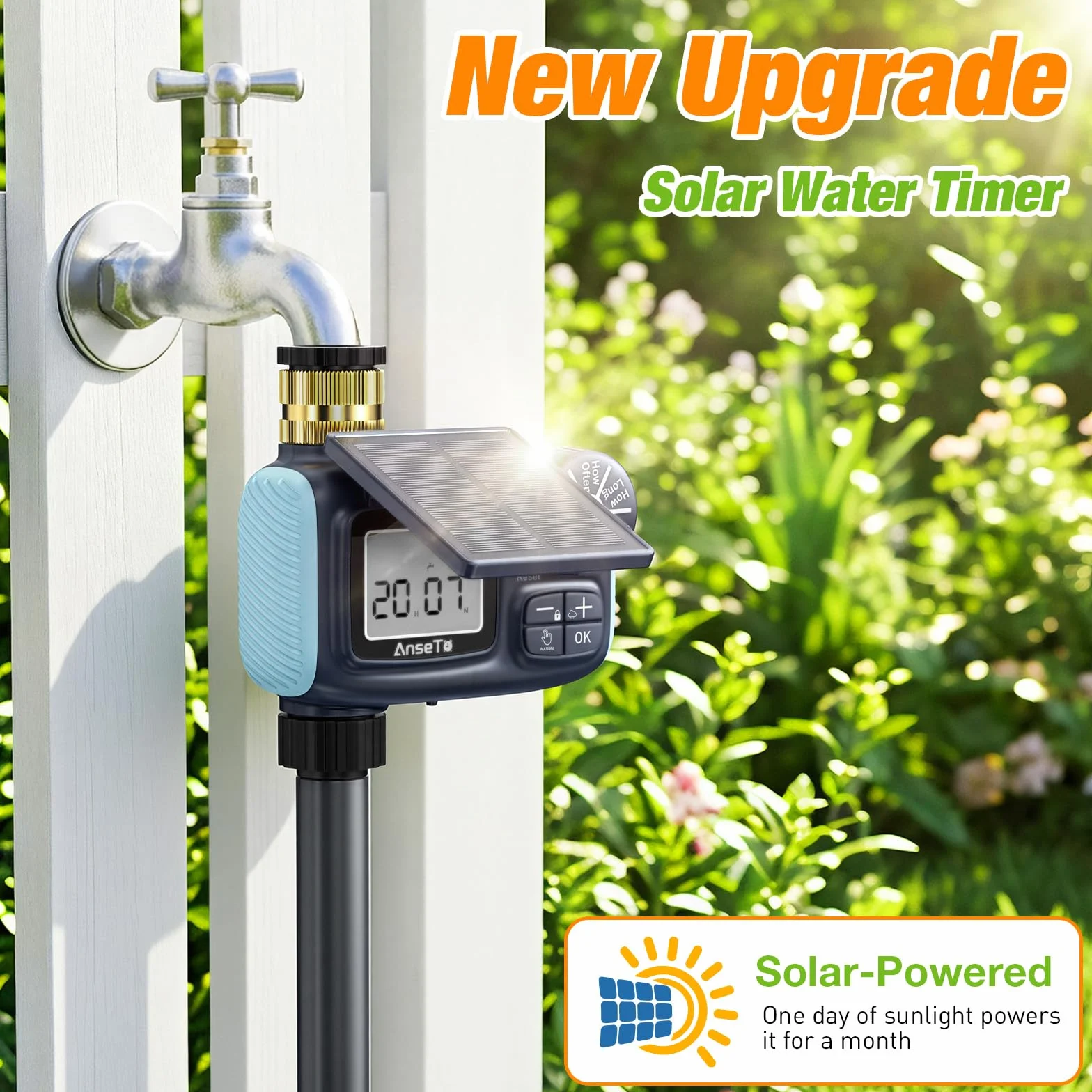Temporizador de Riego Automático LCD con Carga Solar y Tipo C para Jardín