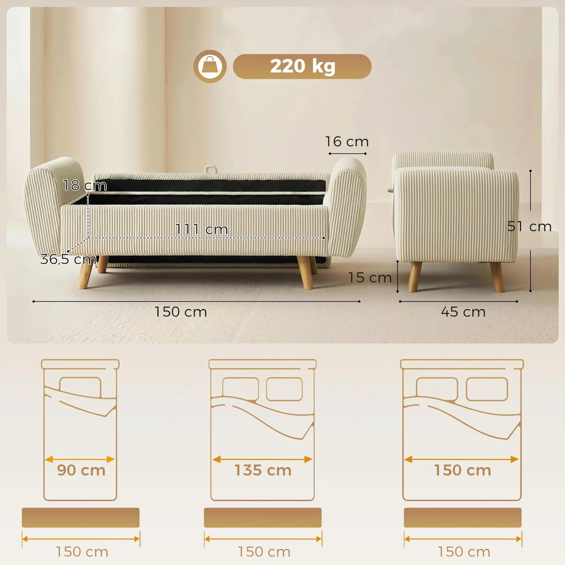 HOMCOM Banco Almacenaje 150 cm Puff Almacenaje Tapizado en Pana Beige | Banco Pie de Cama, Brazos Redondeados, Patas de Madera, Otomana para Dormitorio, Salón, Recibidor