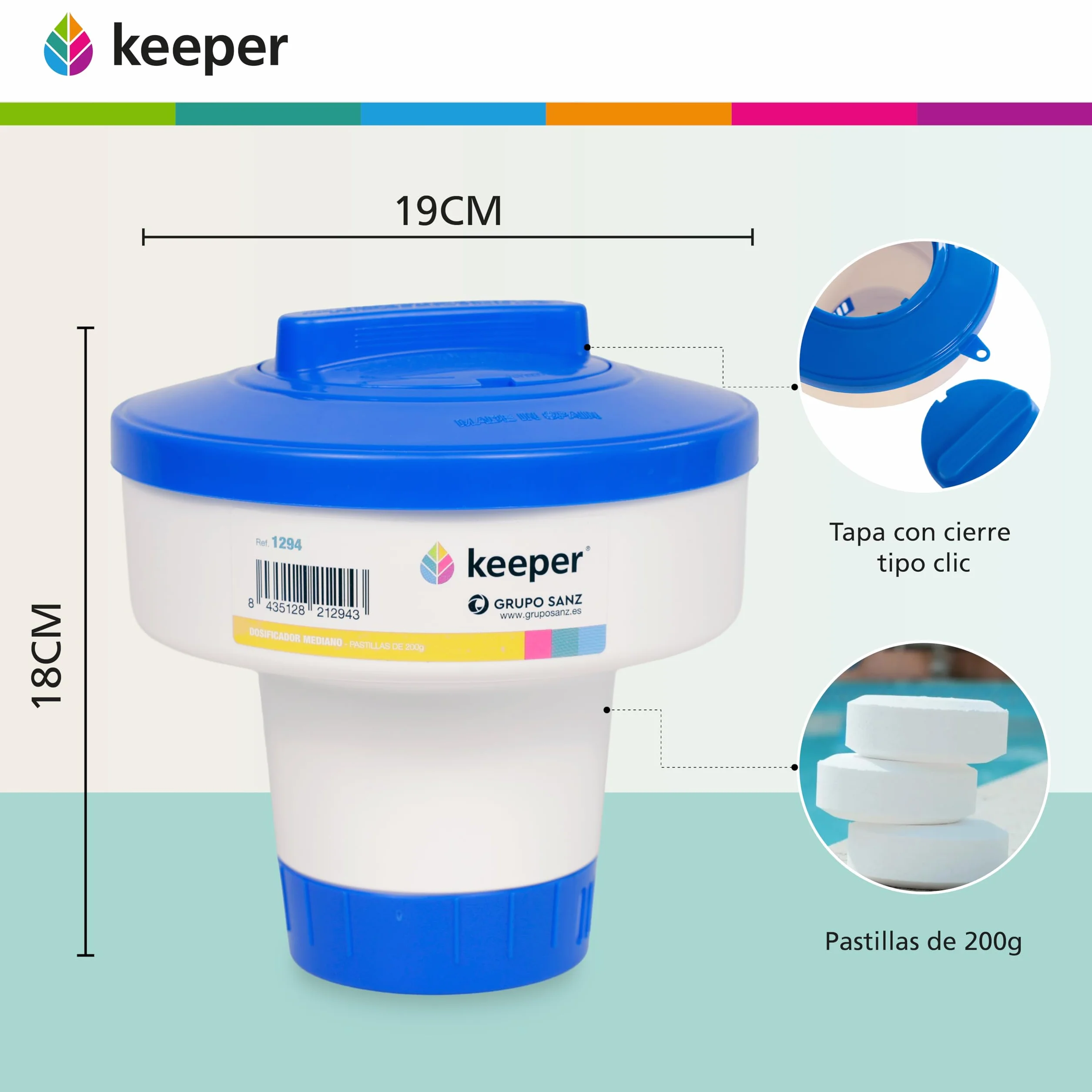 dispensador de Cloro Piscina Flotante - Dosificador Ajustable, Mediano para Piscina. Capacidad para Pastillas de 200 g. Flotador para Piscinas, Spas y Jacuzzis. Fabricado en España