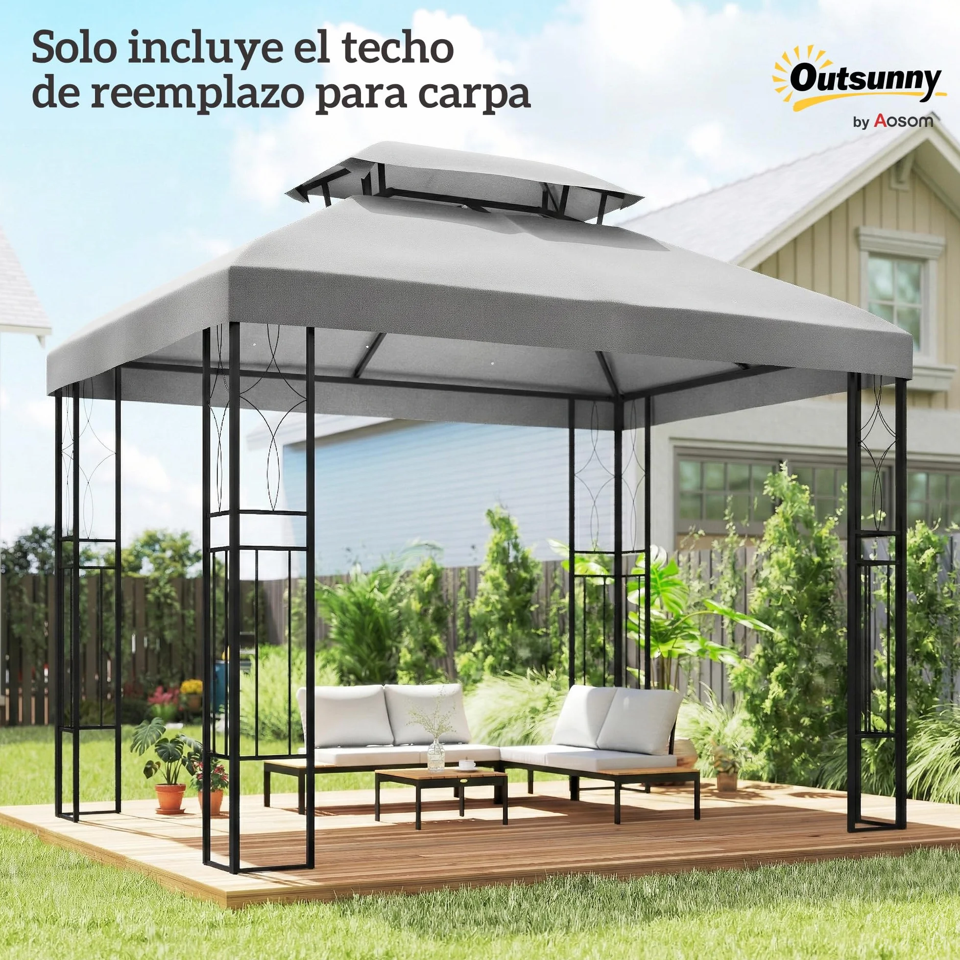 Outsunny Techo de Repuesto para Cenador, 4x3 m, Cubierta de Repuesto con Techo Doble, 10 Orificios de Drenaje y Protección UV, Solo Toldo de Recambio para Pabellón Gazebo, Gris Claro