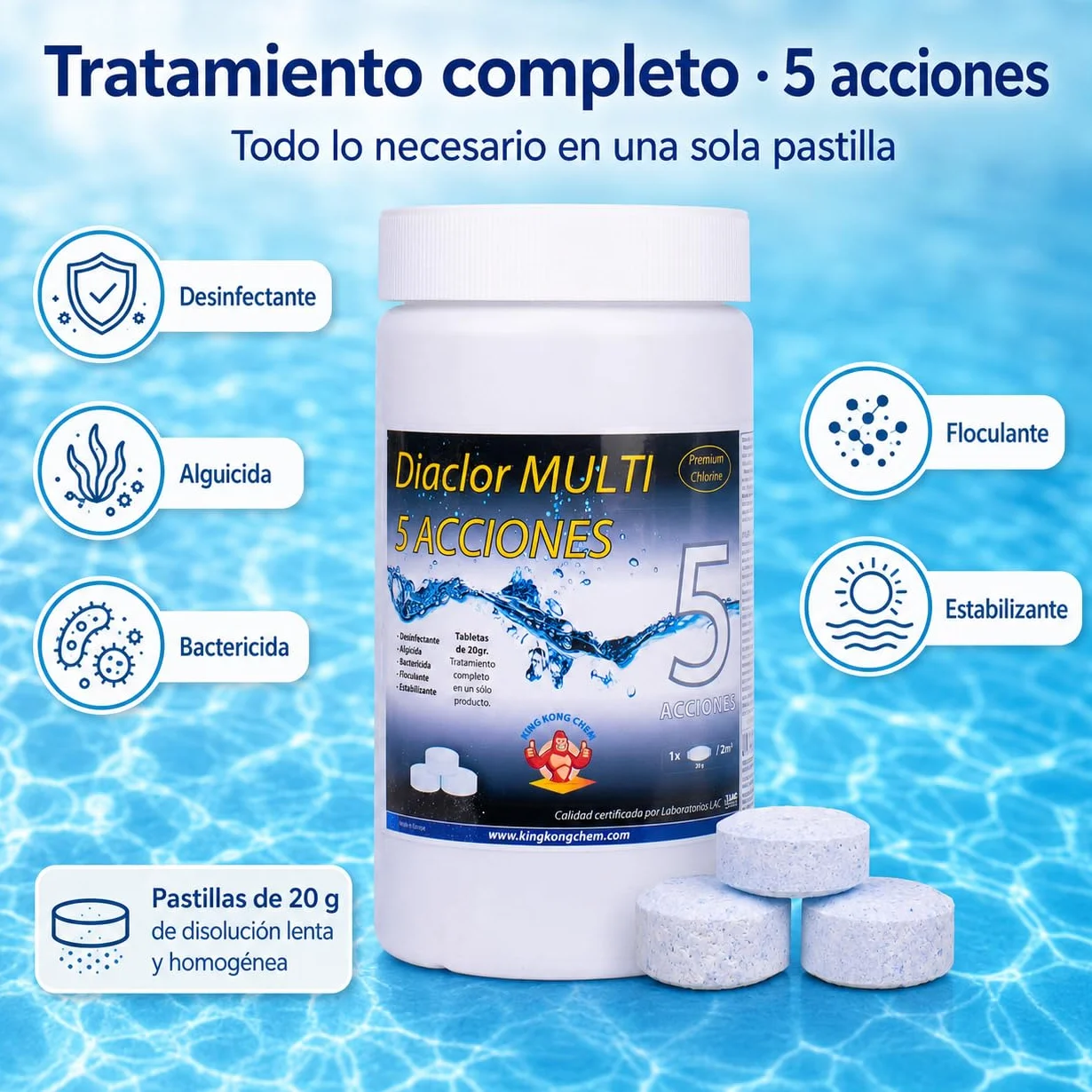 Pastillas de Cloro 5 Acciones Diaclor Mini Piscinas 1 kg Sin Cobre
