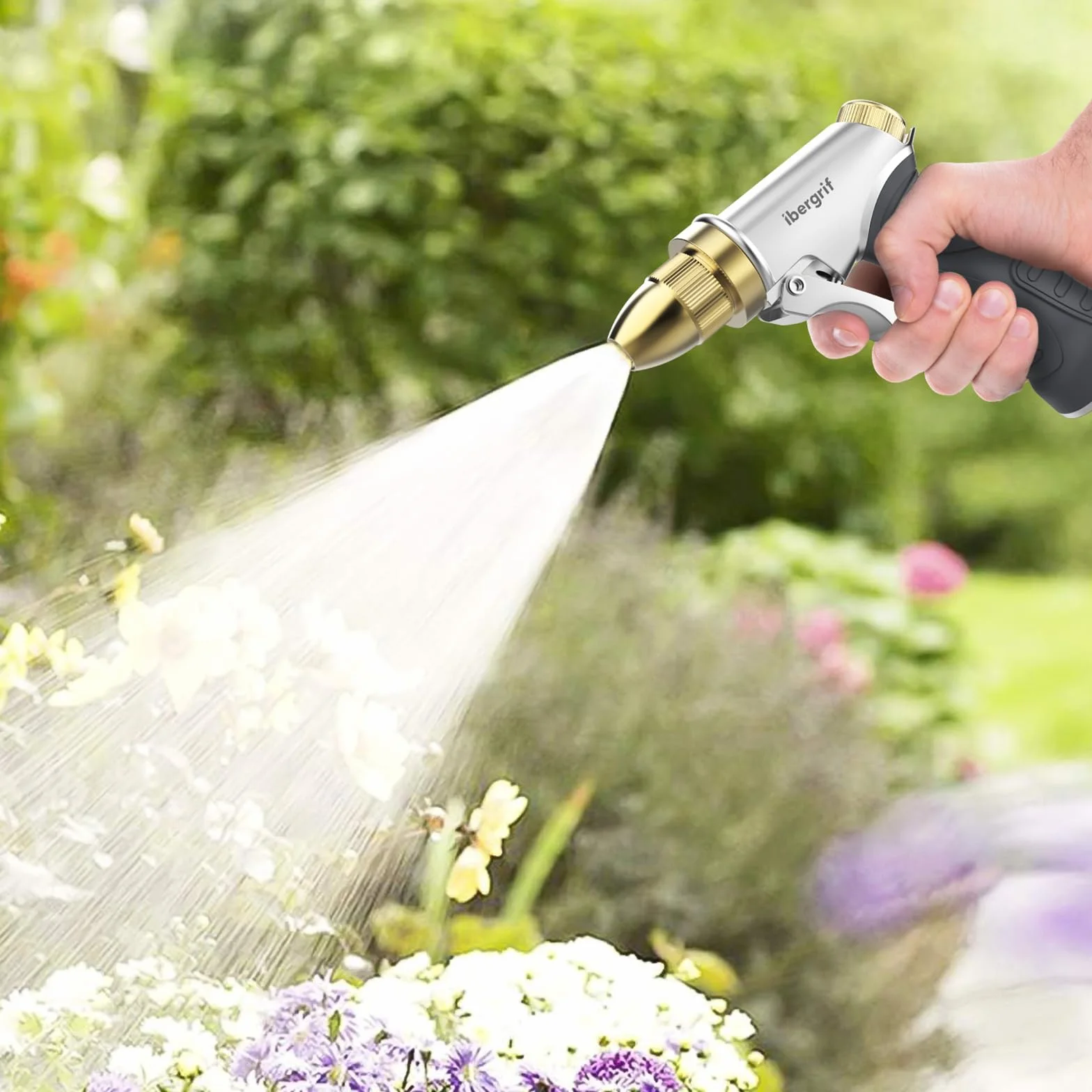 Ibergrif M20284 Pistola de Manguera de Jardín, Pistola de Agua a Presión con Boquilla de Latón, 4 Patrones de Riego