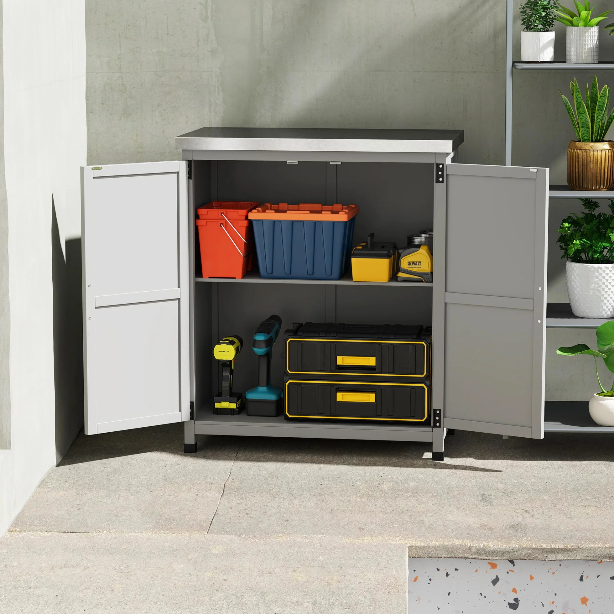Outsunny Armario Exterior Madera Caseta Jardín Techo Acero Galvanizado 2 Puertas Almacenamiento Herramientas 79x43x92 cm Gris