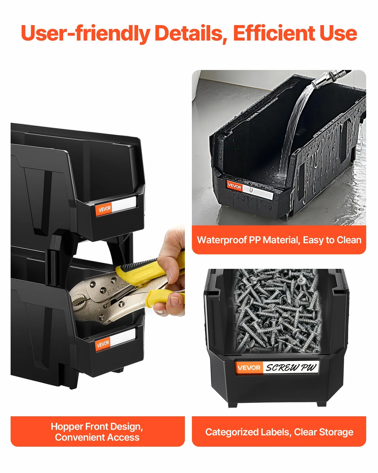 VEVOR Cajas Apilables de Almacenamiento, 276 x 140 x 130 mm, Plástico PP, Transparentes, 8 uds, Negro