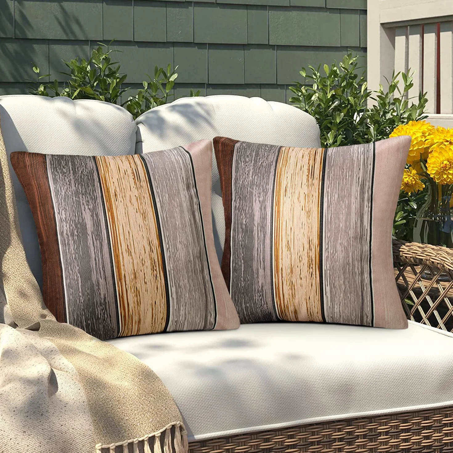 Fundas de Almohada 45x45 Exterior Impermeable Poliéster Marrón Gris Textura Madera Juego de 2