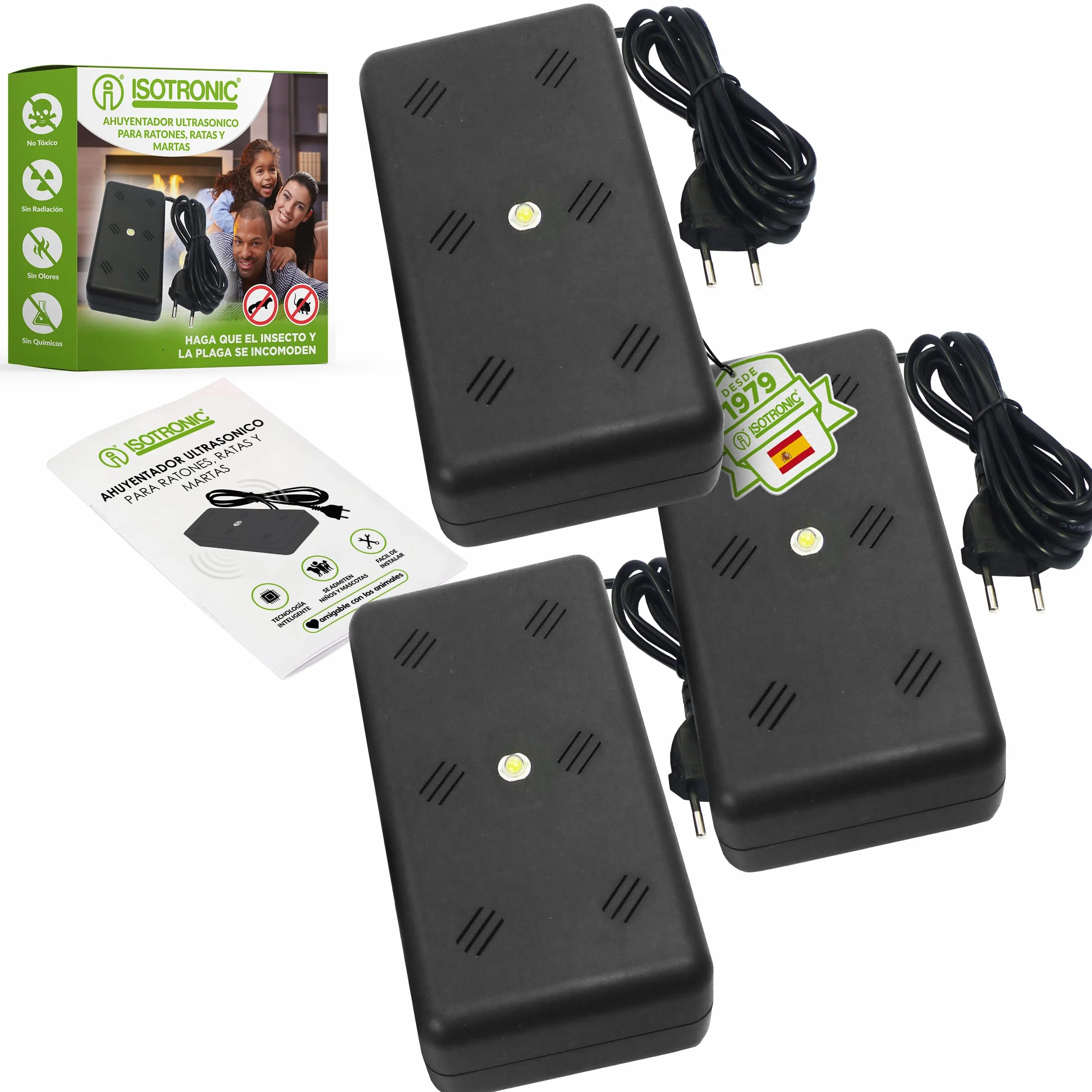 ISOTRONIC Repelente de Martas con Luz LED y Ultrasonidos — Disuasivo para Áticos, Garajes y Casas — Protección contra Ratones y Ratas — Alcance Efectivo 50 m² — Pack de 3 Unidades