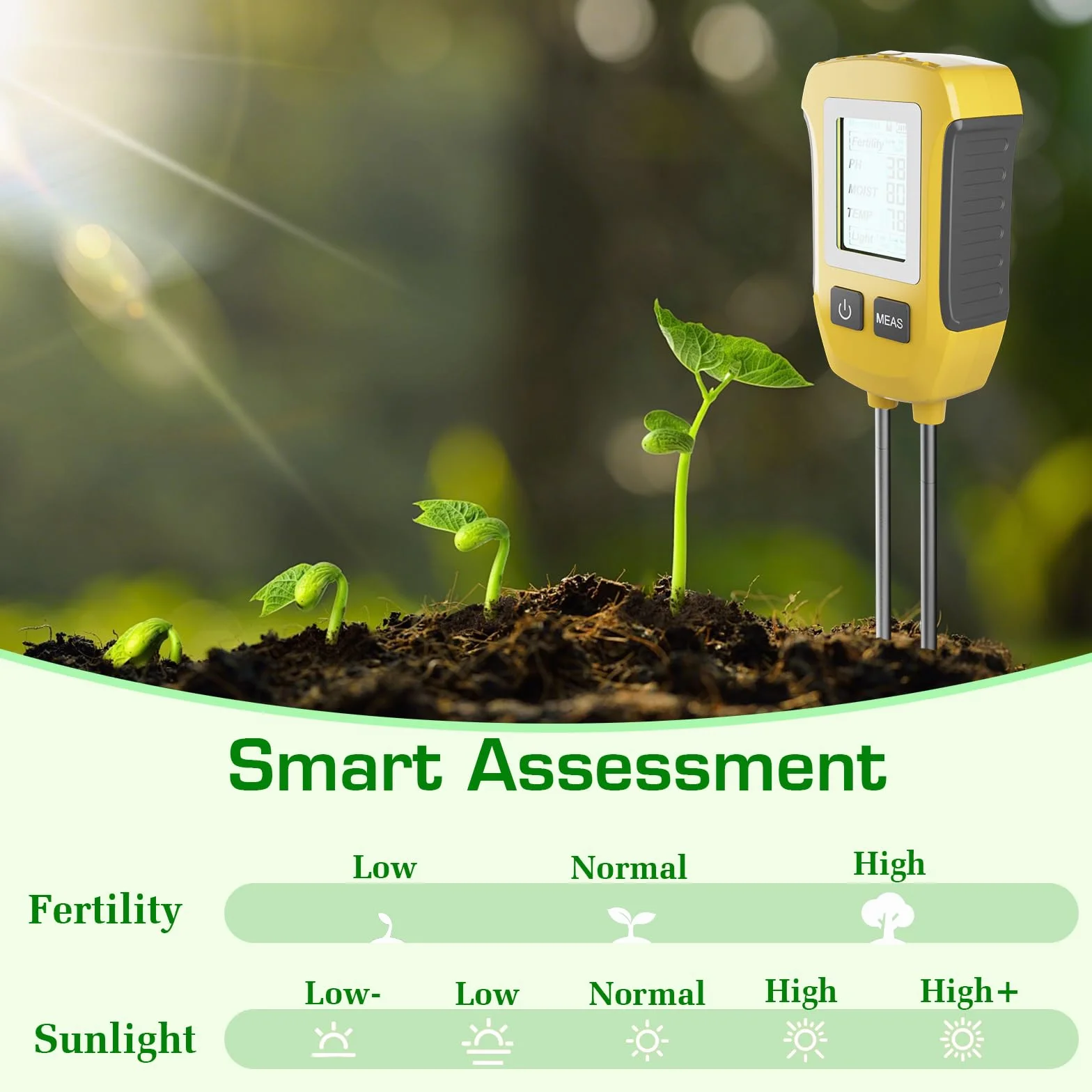 Medidor de Humedad de Plantas 5 en 1 PH Humedad Temperatura Luz Solar con Pantalla LCD Retroiluminada
