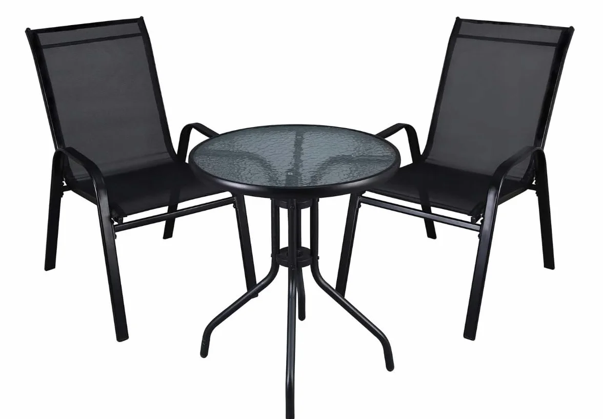 Juego de muebles de balcón Mesa redonda de vidrio 60 x 70 cm 2 sillas de textilene Negro