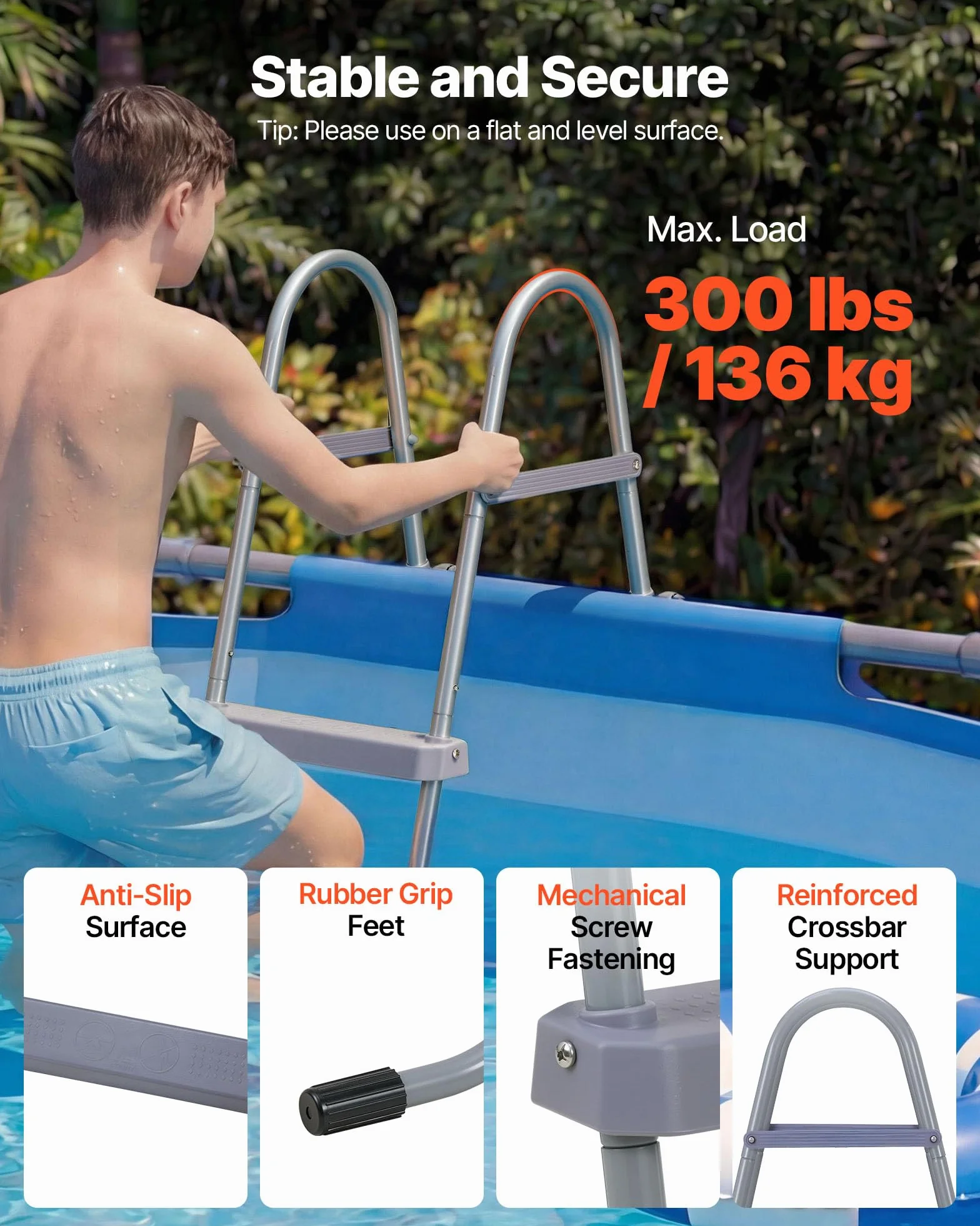 VEVOR Escalera para Piscina 4 Peldaños 136kg Acero al Carbono Antideslizante