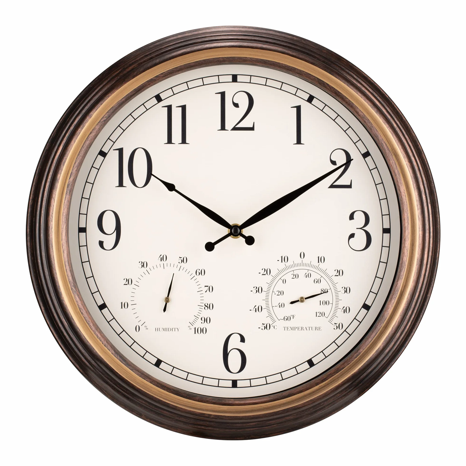 Navaris Reloj de Pared Vintage Redondo 38,1 cm Impermeable Exteriores Silencioso Termómetro Humedad Marrón