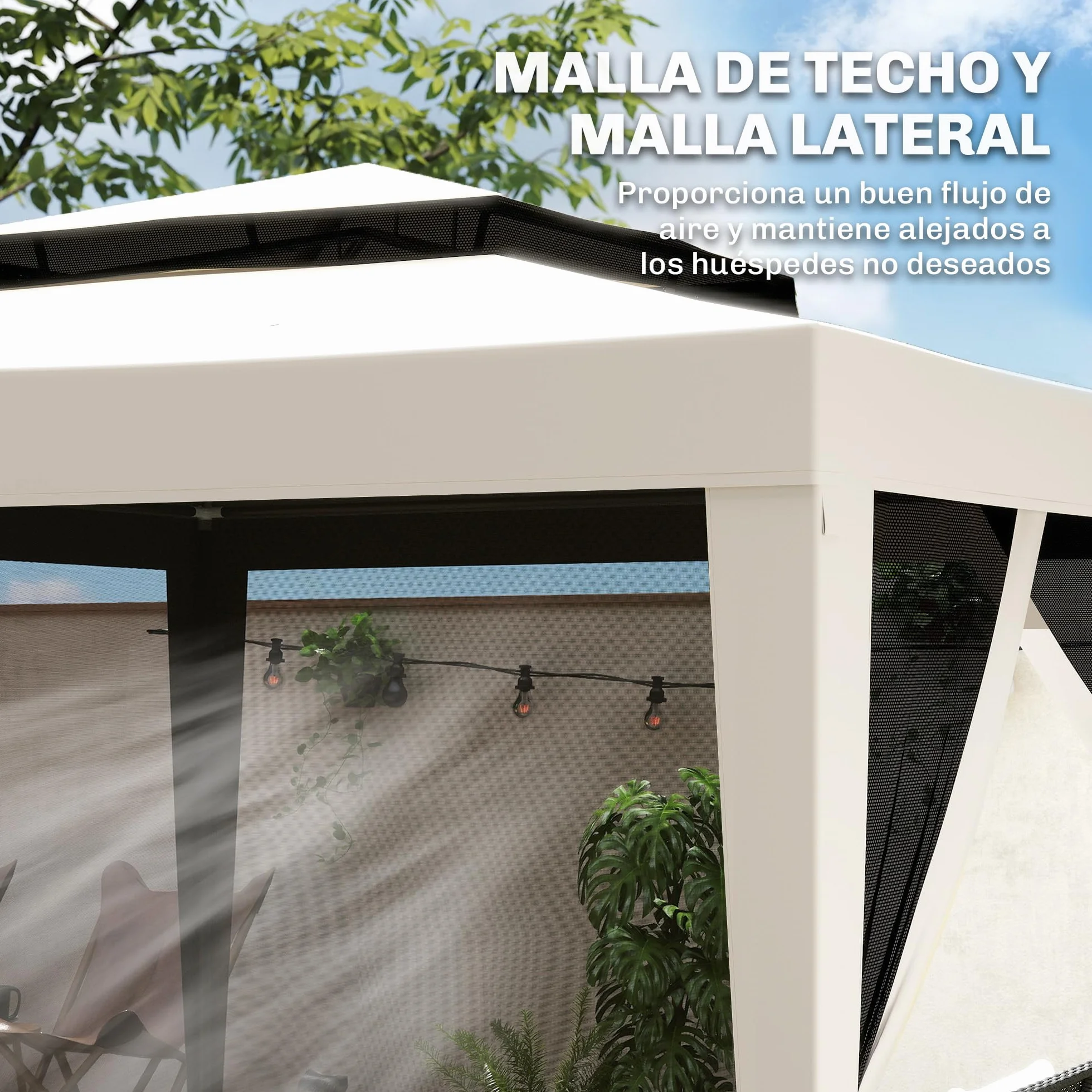 Outsunny Carpa de Jardín 3x3 m Cenador Desmontable de Exterior Gazebo con 4 Mosquiteras Laterales Techo Doble y Marco Metálico Anti-UV Impermeable Pabellón para Terraza Patio Crema