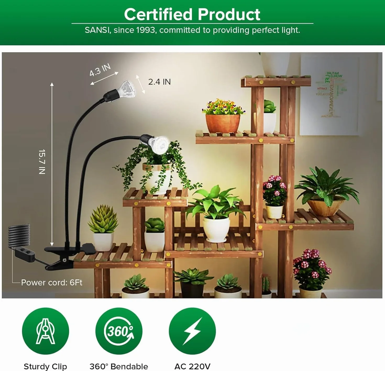 SANSI Lámpara LED Cultivo 300W Espectro Completo 2 Cabezal Ajustable Tecnología Cerámica Clip Negro