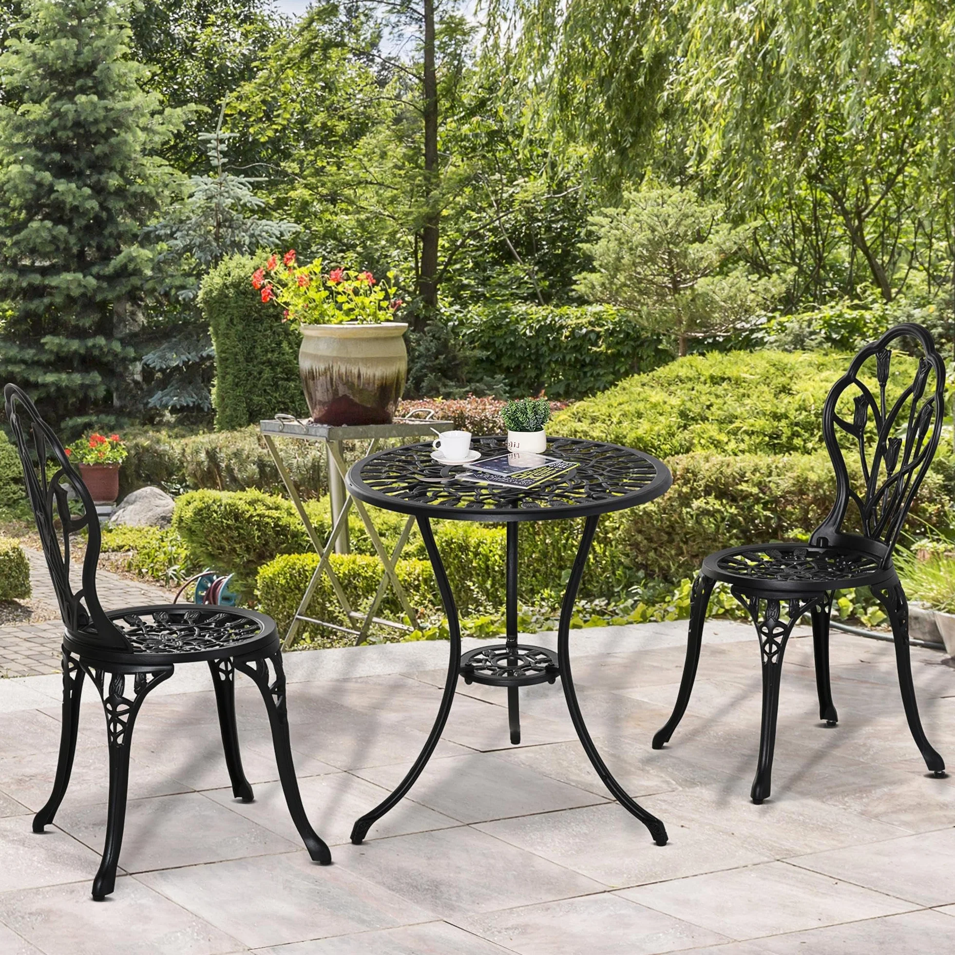 Outsunny Conjunto de Mesa y Sillas de Terraza Exterior de Aluminio de 3 Piezas Muebles de Jardín con Respaldo con Patrón de Tulipán y Mesa con Orificio para Sombrilla Negro