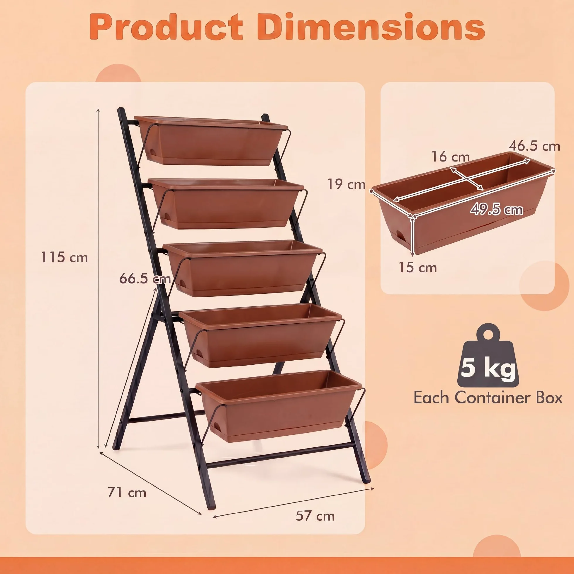 HOMASIS Jardinera Vertical de 5 Niveles, 57 x 71 x 115 cm (Rojo) | Huerto Vertical con Marco de Metal, Bandejas Extraíbles y Orificios de Drenaje, Macetero Elevada para Interiores y Exteriores
