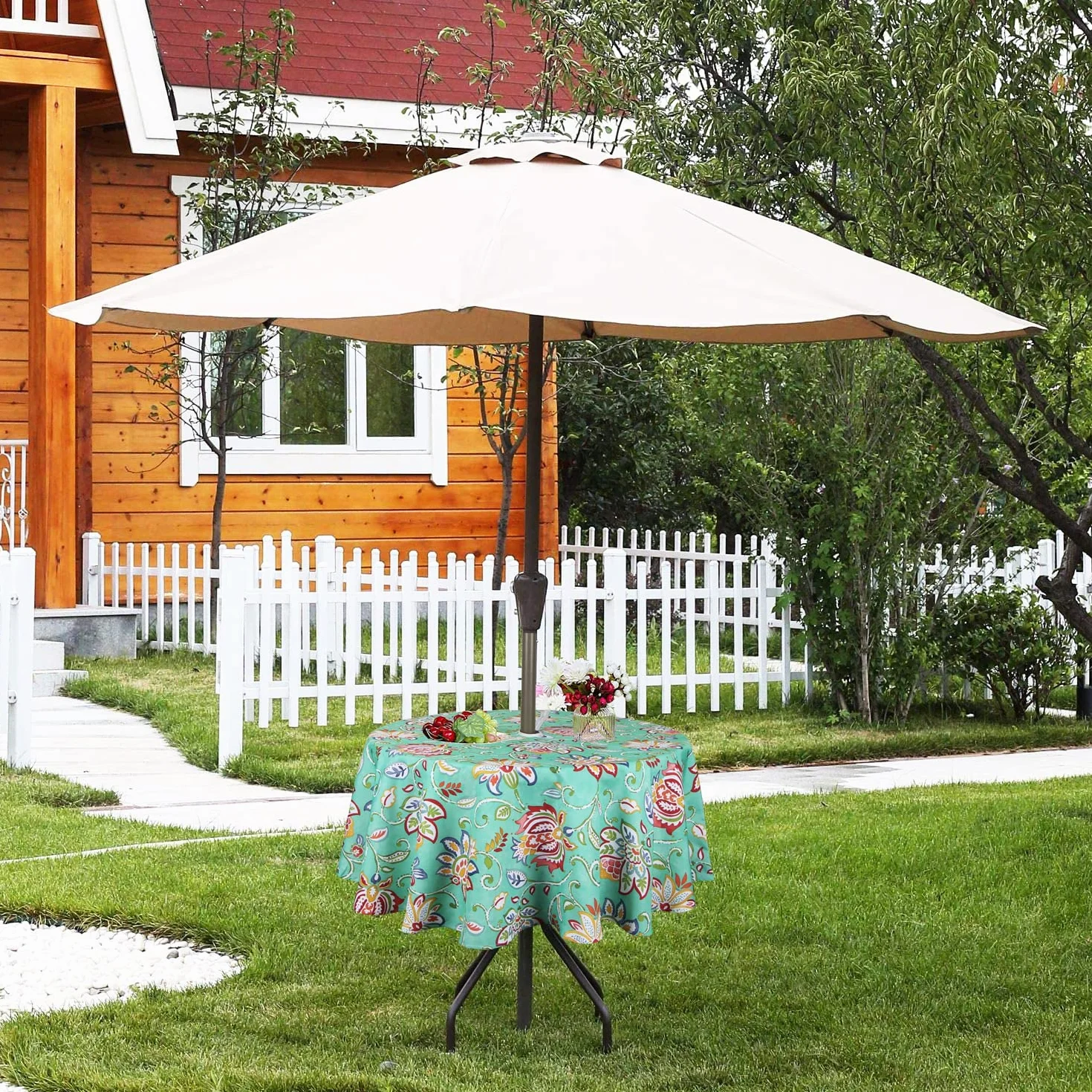 Mantel Redondo de 60 Pulgadas Impermeable con Agujero para Paraguas y Cremallera para Exteriores e Interiores