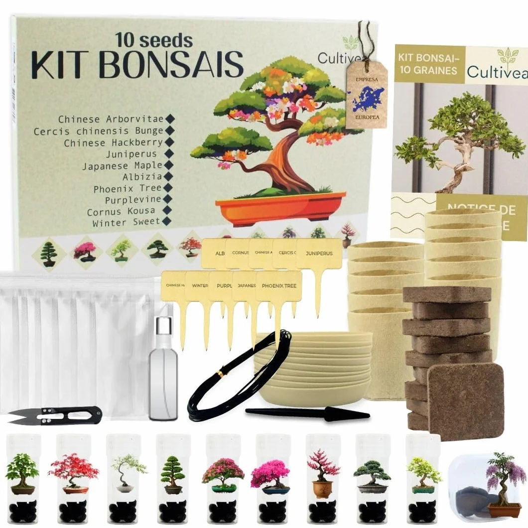 CULTIVEA® Kit 10 Bonsáis para Cultivar – Kit Cultivo Bonsái Completo con Semillas, Macetas y Herramientas