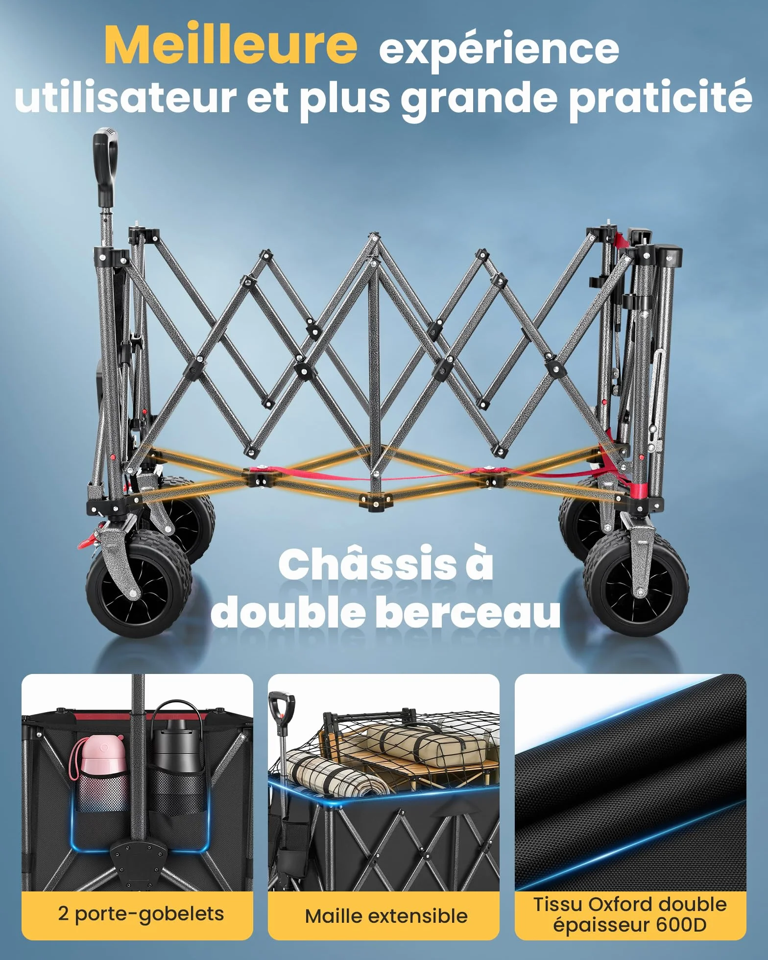 YEAUPE PRO XXXL Carro Playa Ruedas Grandes 200-300L Frenos Dobles Negro Carbón