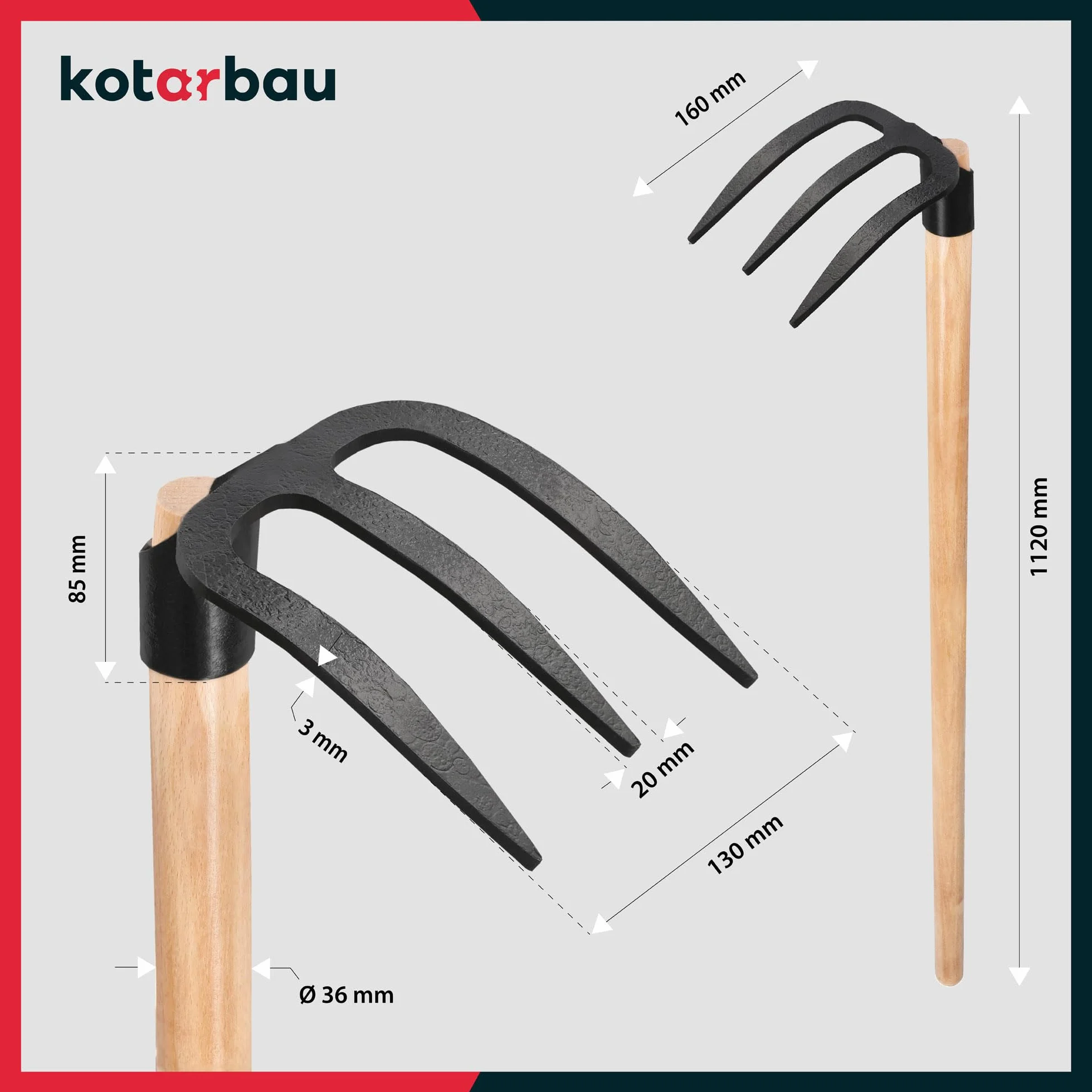KOTARBAU Horca para cavar de 3 Dientes, Pala cosechadora de Patatas, Mango de Madera 110 cm