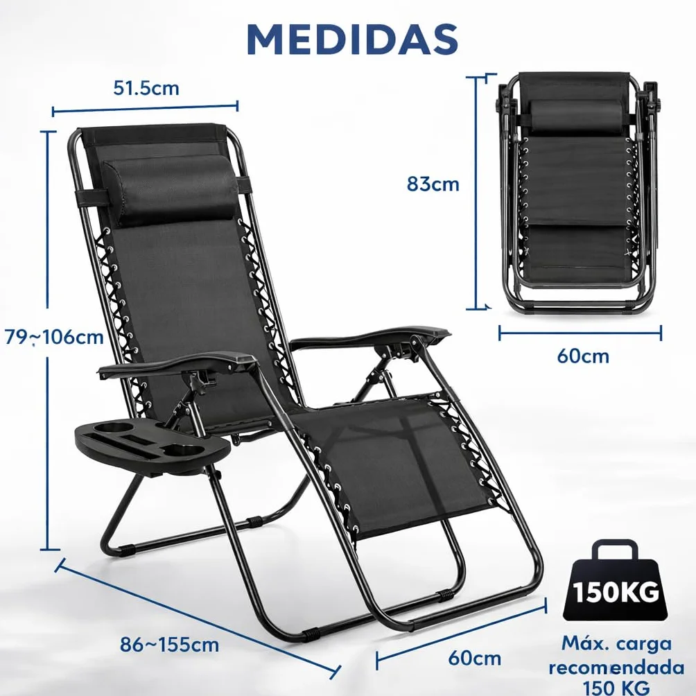 Tumbonas Plegables Exterior 150kg Portavasos Reposacabezas Pack 2
