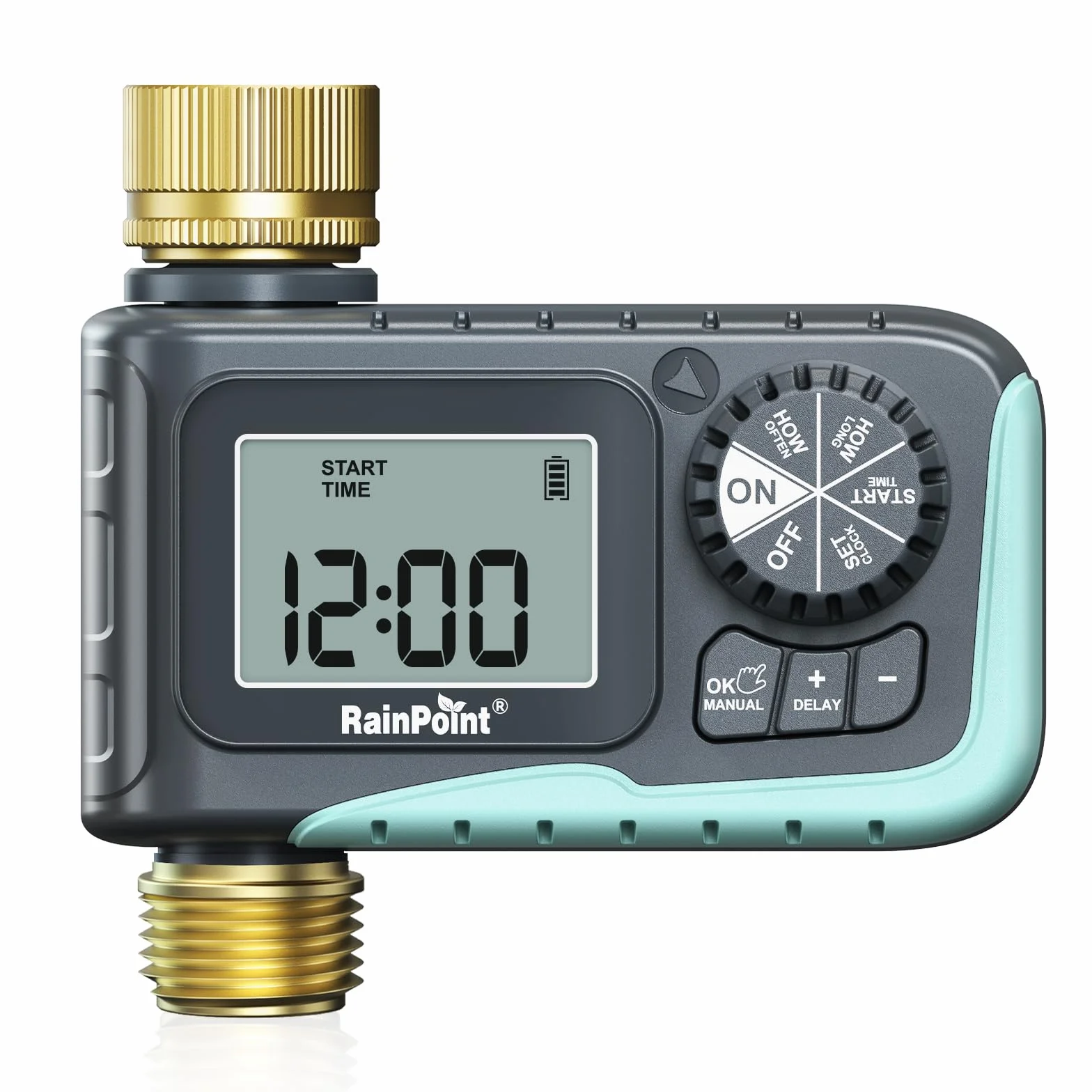 RAINPOINT Temporizador de aspersor con entrada y salida de latón, temporizador de manguera programable para manguera de jardín, temporizador de agua con retardo de lluvia/sistema de riego manual
