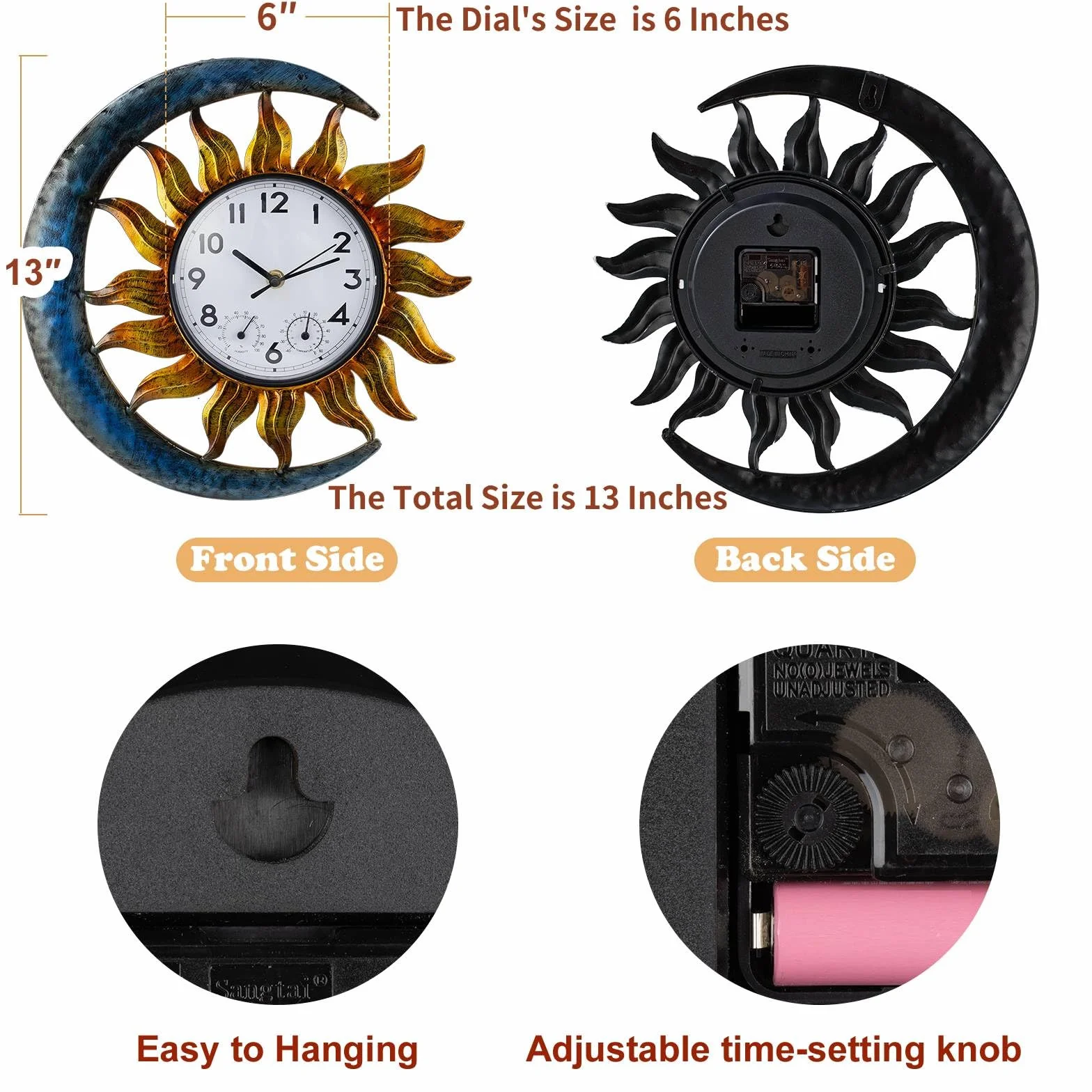 shumi Reloj de pared decorativo exterior sol luna termómetro silencioso