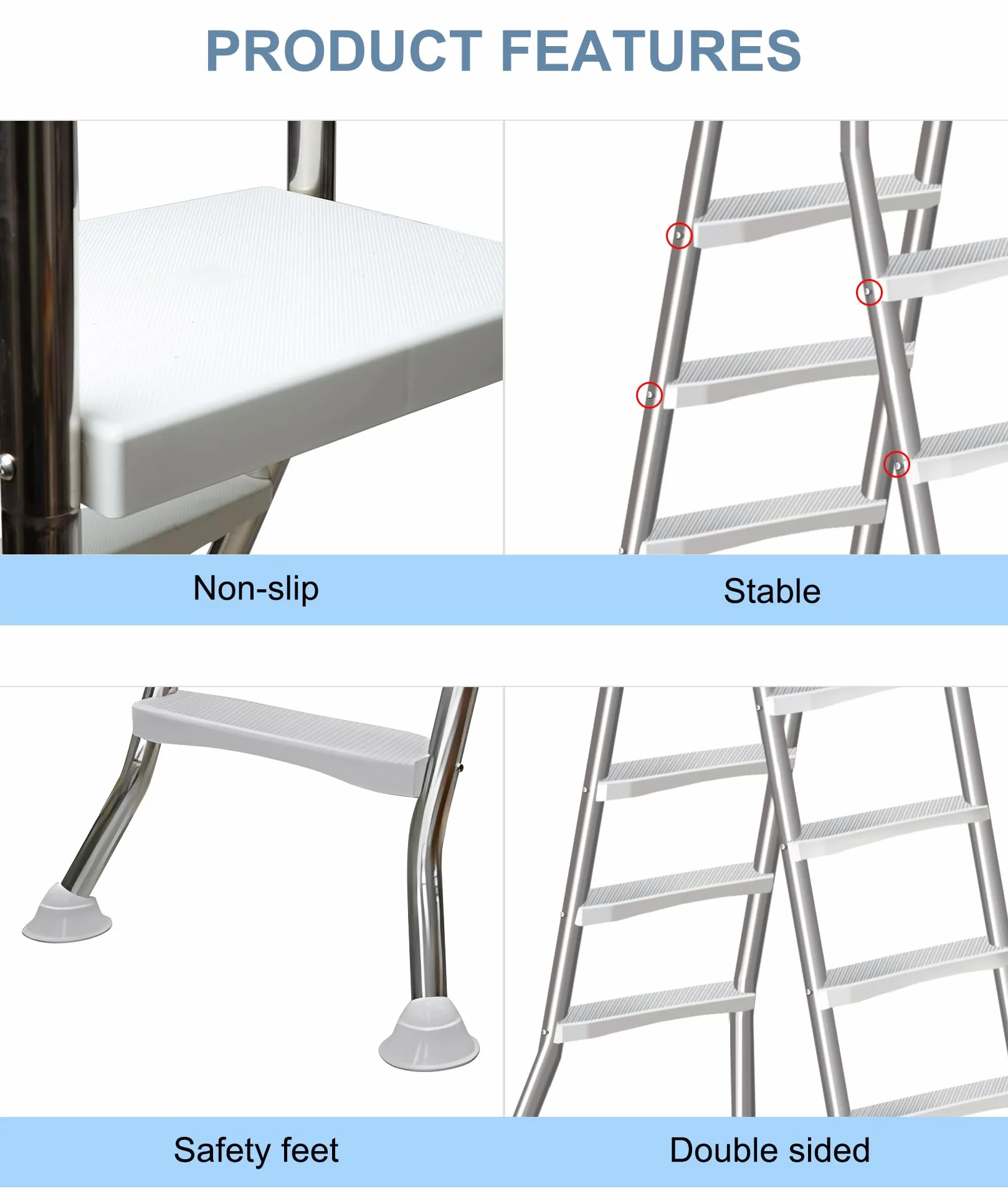 Escalera de Acero Inoxidable 4 Peldaños para Piscinas Elevadas 135cm 250kg