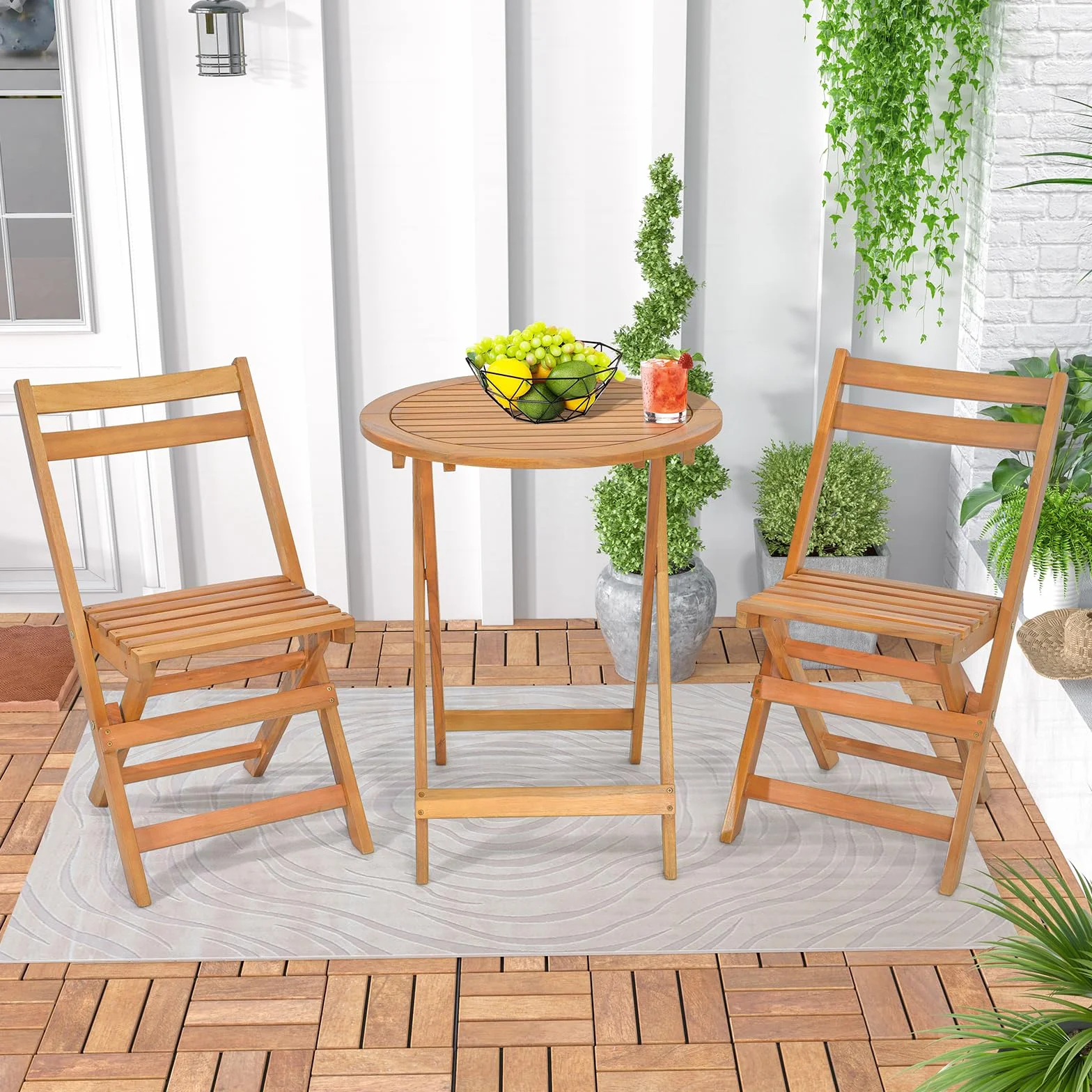 COSTWAY Conjunto Mesa y Sillas Jardin, Mesa Redonda y 2 Sillas Plegables de Madera de Acacia para Exterior