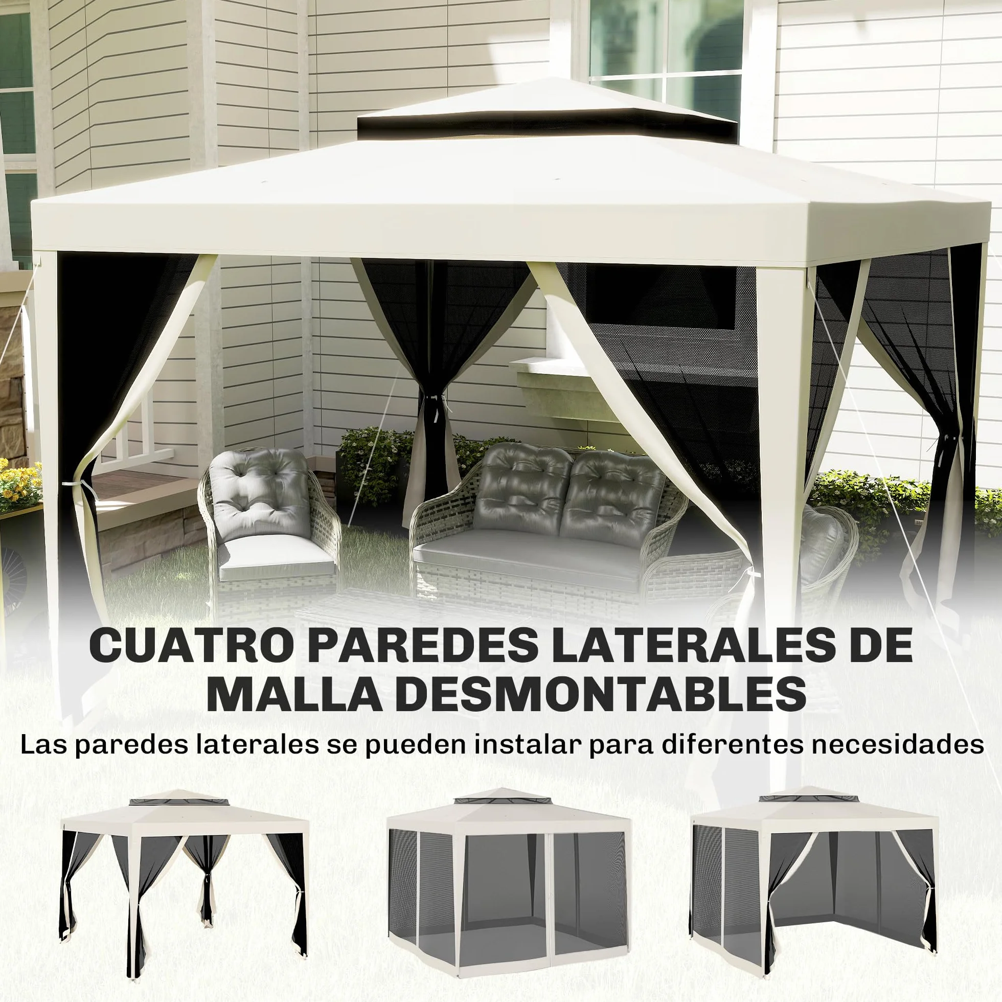 Outsunny Carpa de Jardín 3x3 m Cenador Desmontable de Exterior Gazebo con 4 Mosquiteras Laterales Techo Doble y Marco Metálico Anti-UV Impermeable Pabellón para Terraza Patio Crema