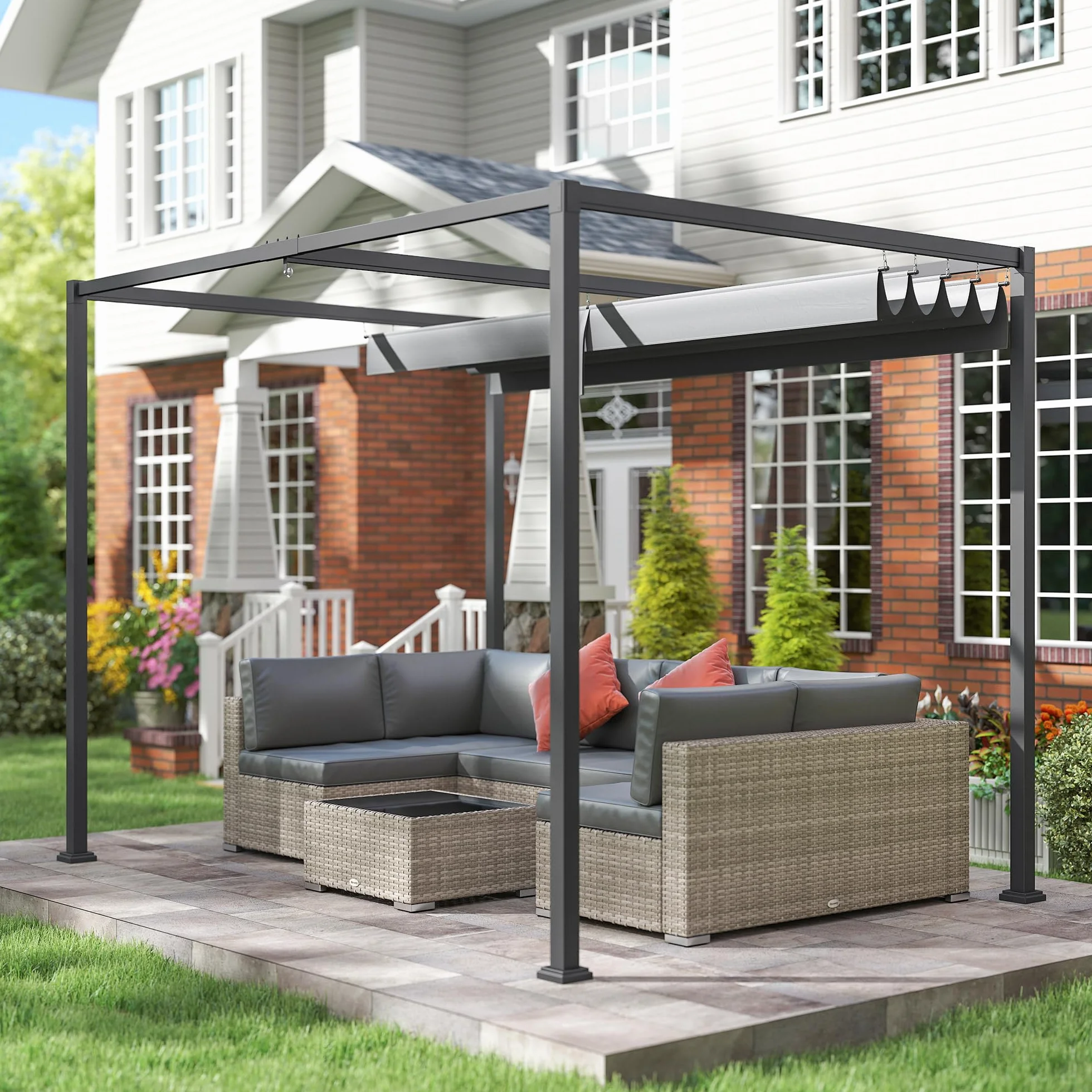 Outsunny Pérgola 3x2 m Cenador de Jardín Pabellón de Diseño Elegante con Techo Retráctil de Poliéster con Recubrimiento Resistente Anti-UV Impermeable para Celebraciones Fiestas Bodas Gris