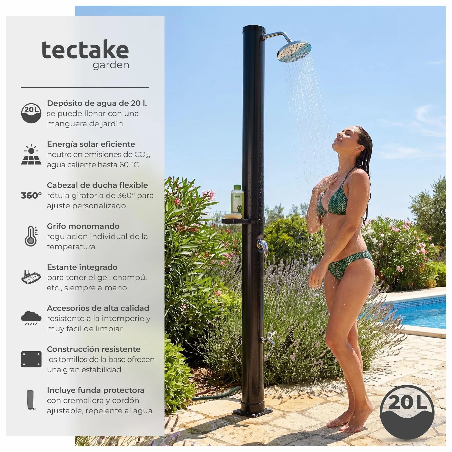 Ducha Exterior Jardin 20L Negro Resistente Intemperie Temperaturas Altas Alcachofa 360° Grifo Pies Conexión Manguera Solar
