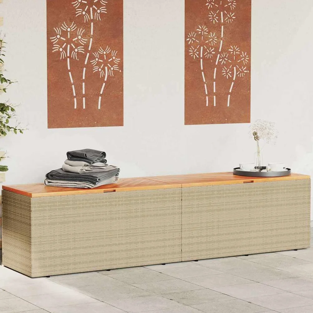 vidaXL Caja de Almacenaje de Jardín, Cofre, Asiento Banco Exterior, Baúl Juguetes Patio, Madera Acacia Ratán Beige