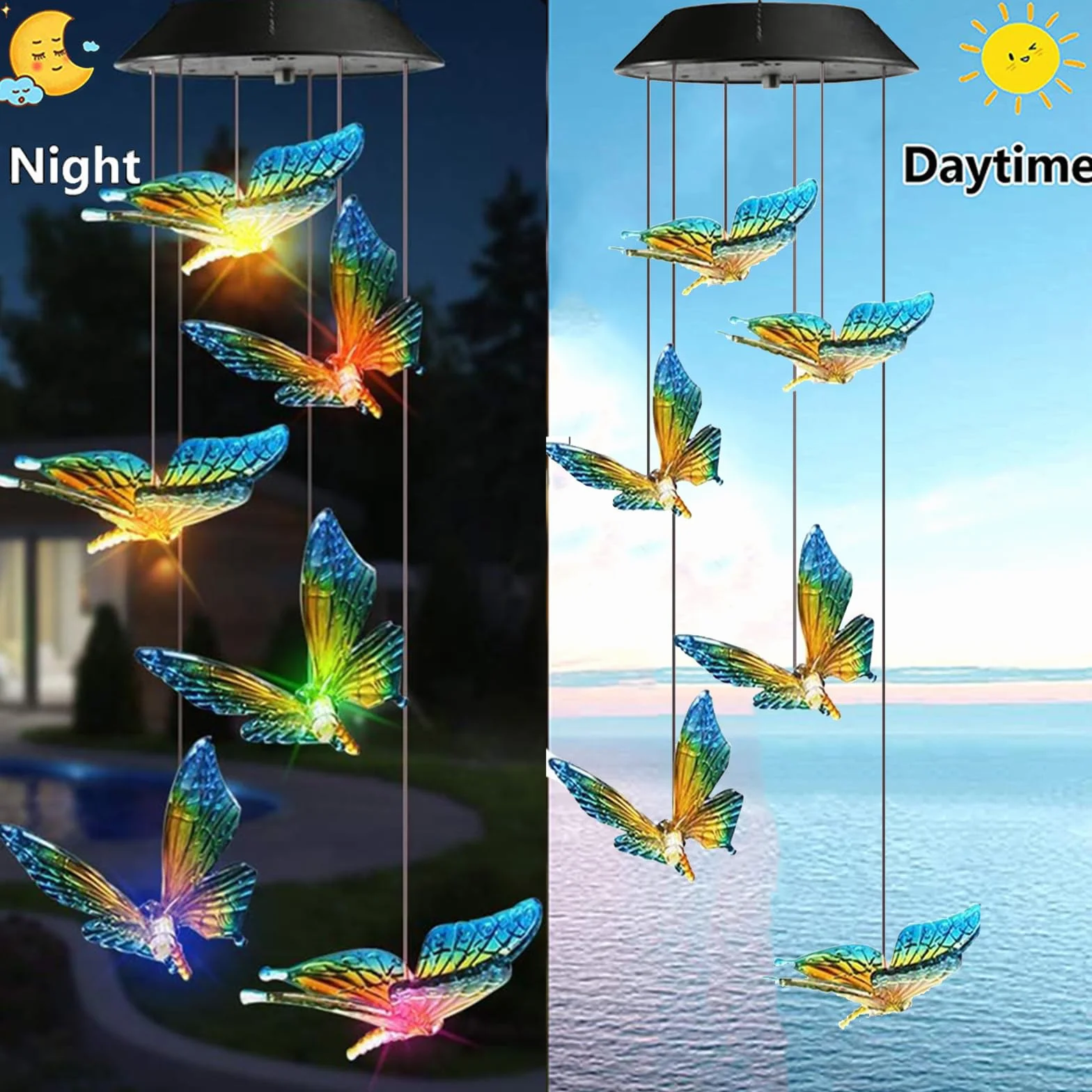 Campanilla de Viento Mariposa Solar LED Cambia Color Impermeable Decoración Jardín Patío Regalo