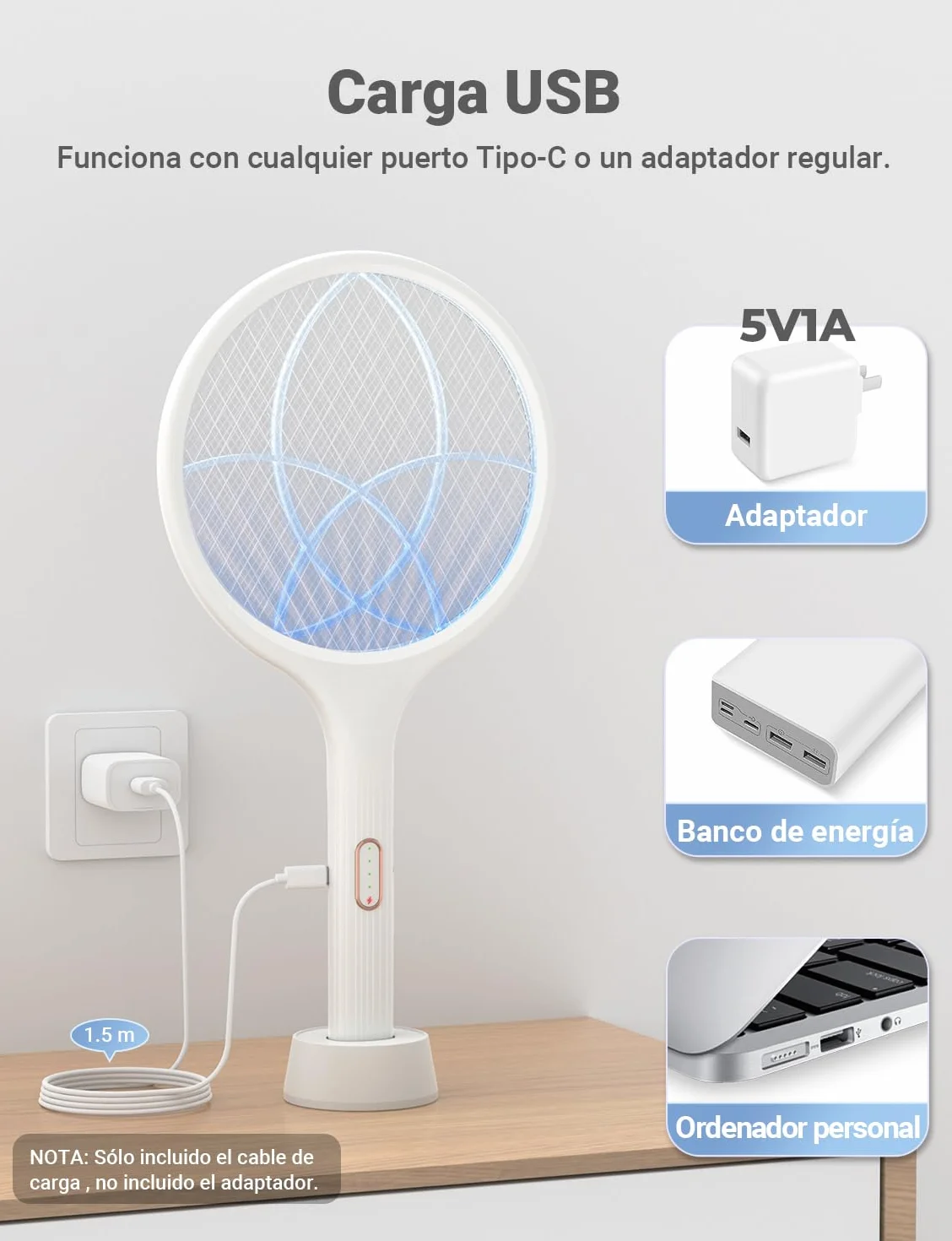 YISSVIC Raqueta Matamoscas Electrica 2 en 1 4000V Mata Mosquitos USB Recargable 1500mAh Blanco