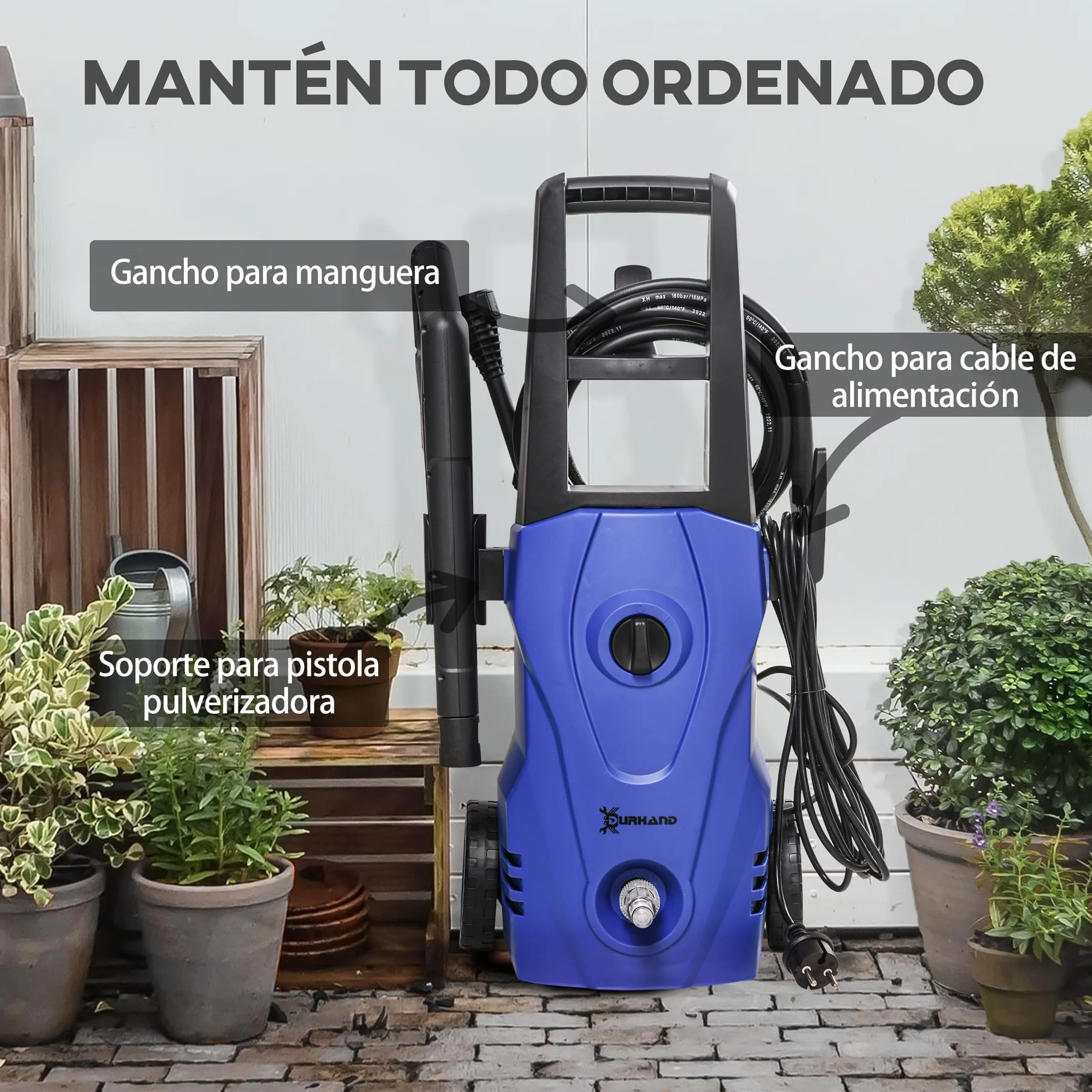DURHAND Hidrolimpiadora 1600W 130 Bar 432 L/h Bomba Aluminio Manguera 6m