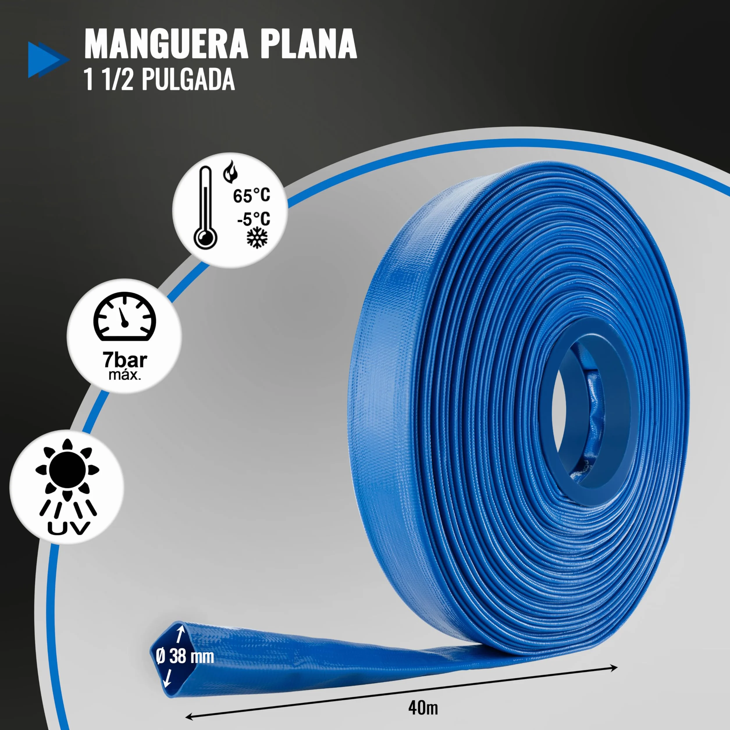 Poppstar Manguera plana de descarga de agua de PVC 40m, Ø 38mm (1 1/2 pulgada), presión de trabajo 7 bar, manguera de bombeo, azul