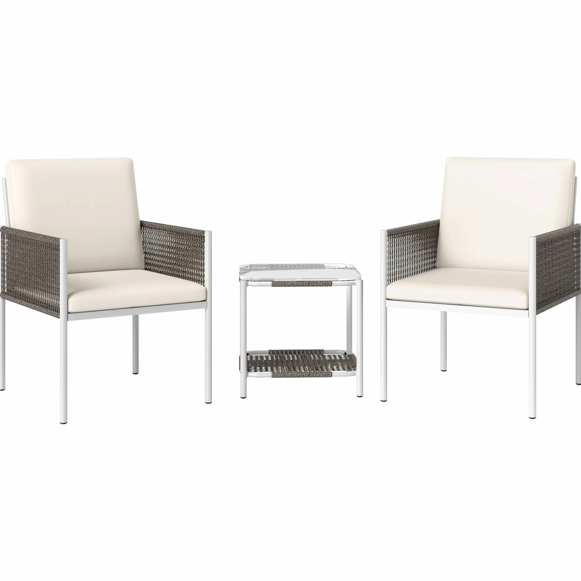 Outsunny Conjunto de Jardín 3 Piezas Mesa y 2 Sillas Ratán con Encimera Vidrio Cojines Acolchados Marrón Crema