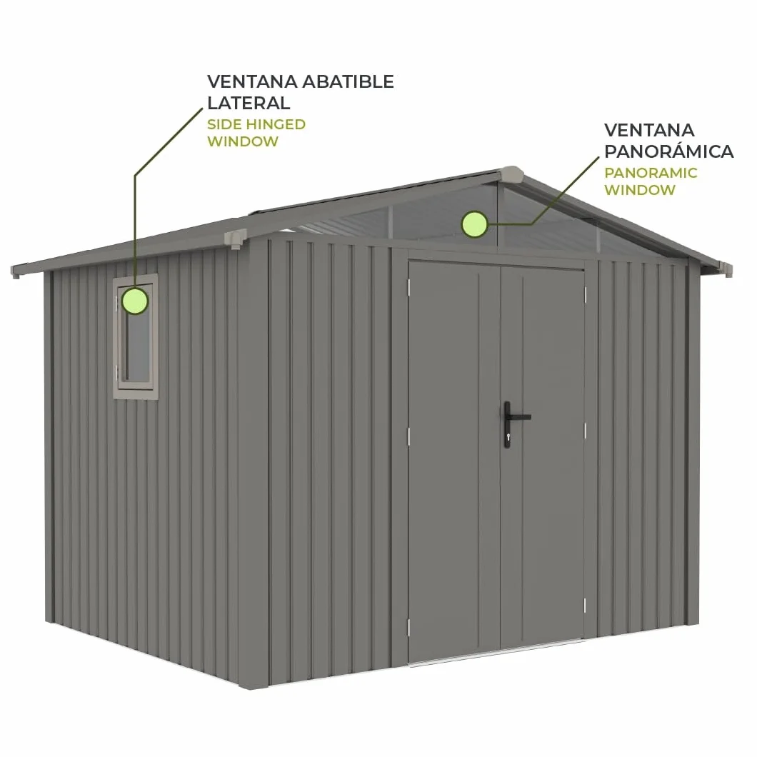 Gardiun Caseta Metálica Grunewald 7 m2 Exterior 304x232x228 cm Acero Ventana Lateral Puerta Doble 106x178 cm