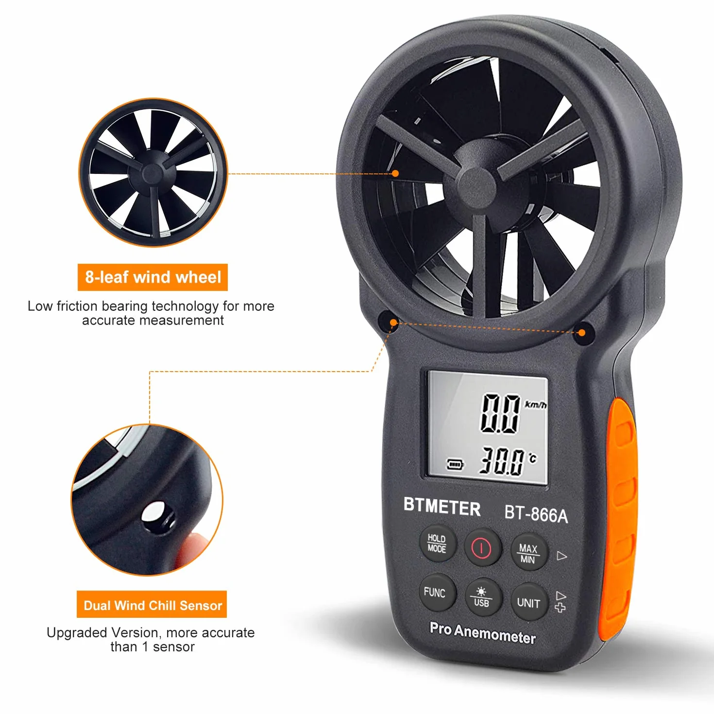 Anemómetro Digital Portátil Medidor CFM USB Velocidad Viento Temperatura Flujo Aire Humedad