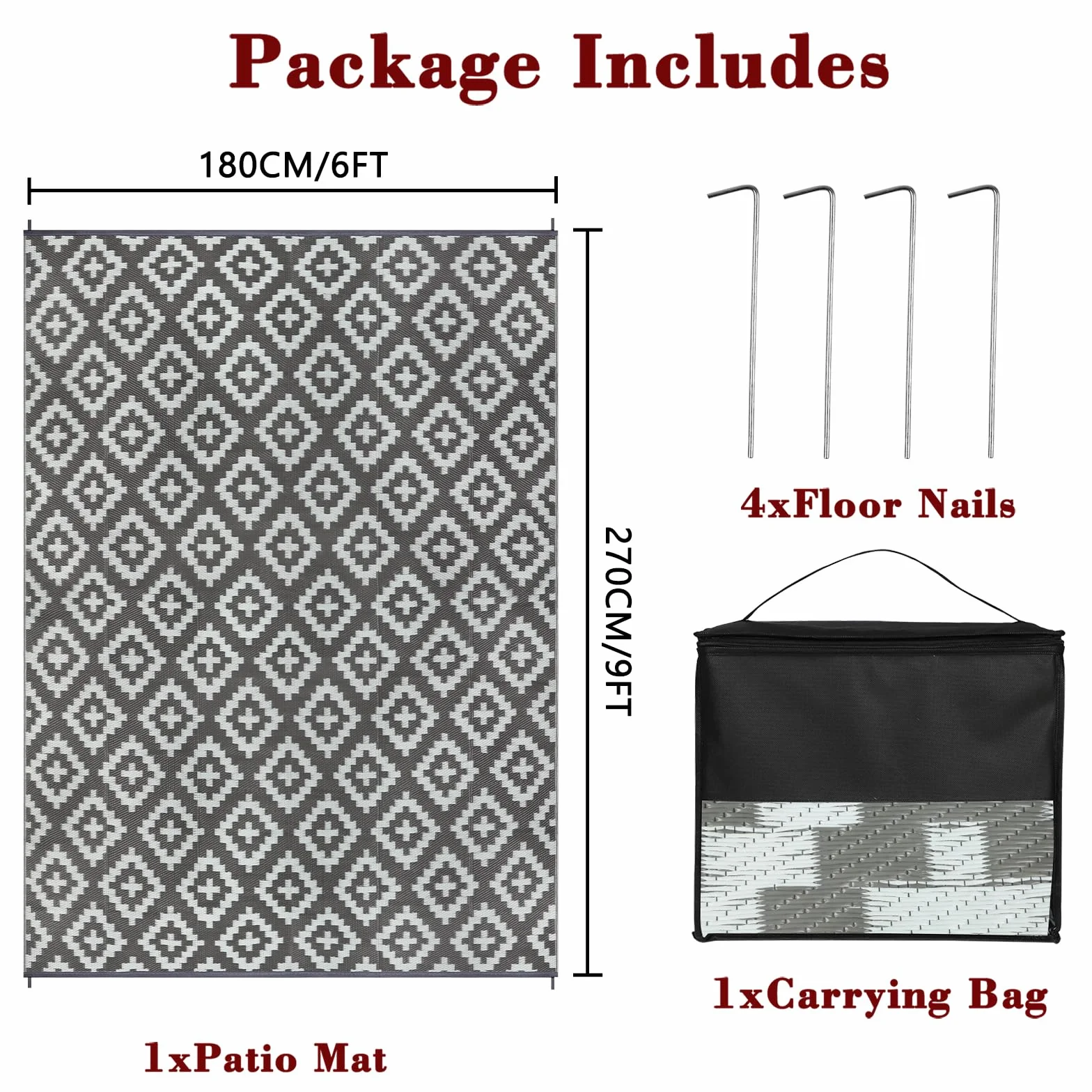 Alfombra de Exterior Homcomodar 180x270cm Gris Resistente UV Reversible Plástico Camping Patio